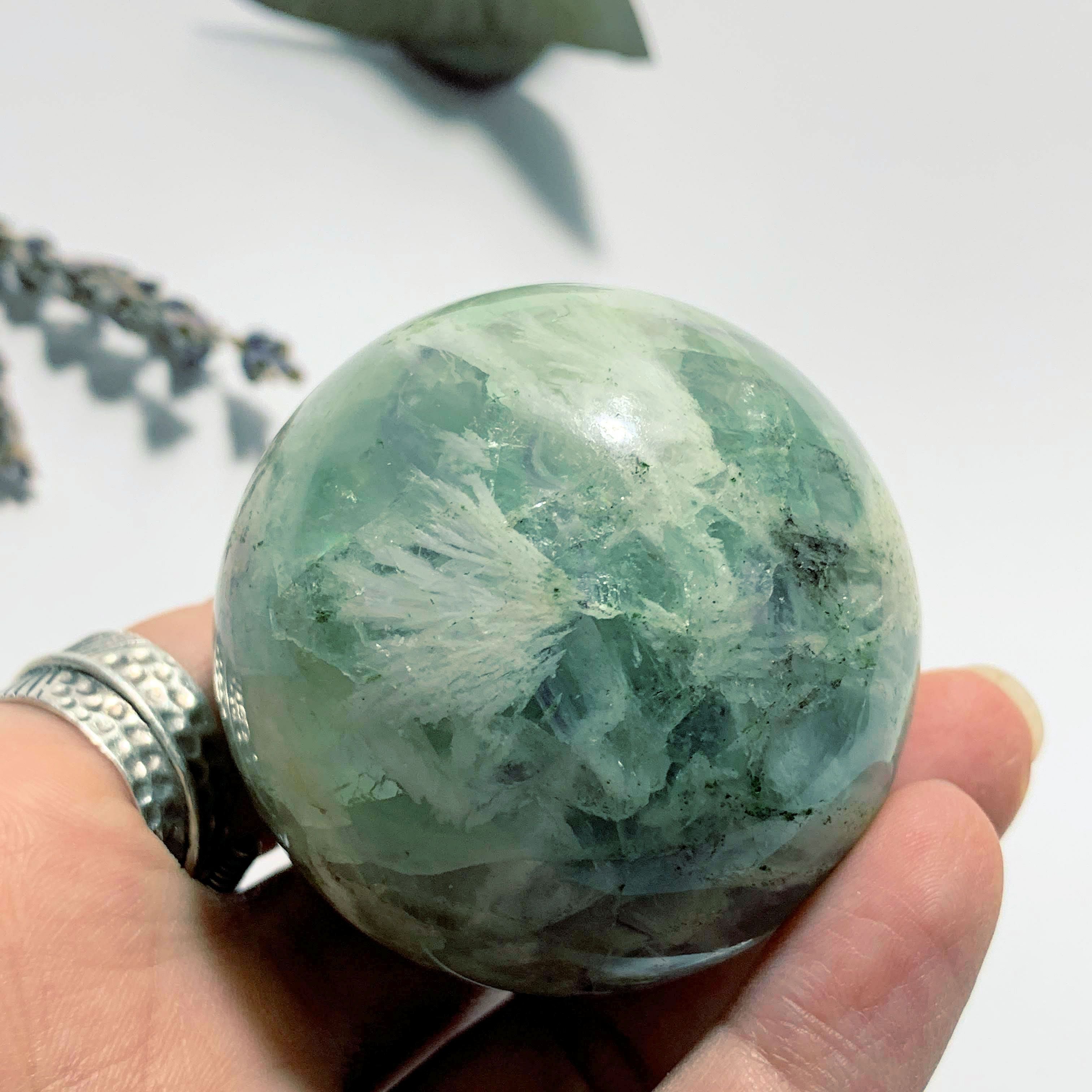 Rainbows Fanned Barite Included Green Fluorite Sphere Carving - Earth Family Crystals