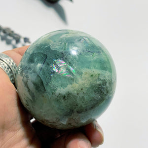 Rainbows Fanned Barite Included Green Fluorite Sphere Carving - Earth Family Crystals