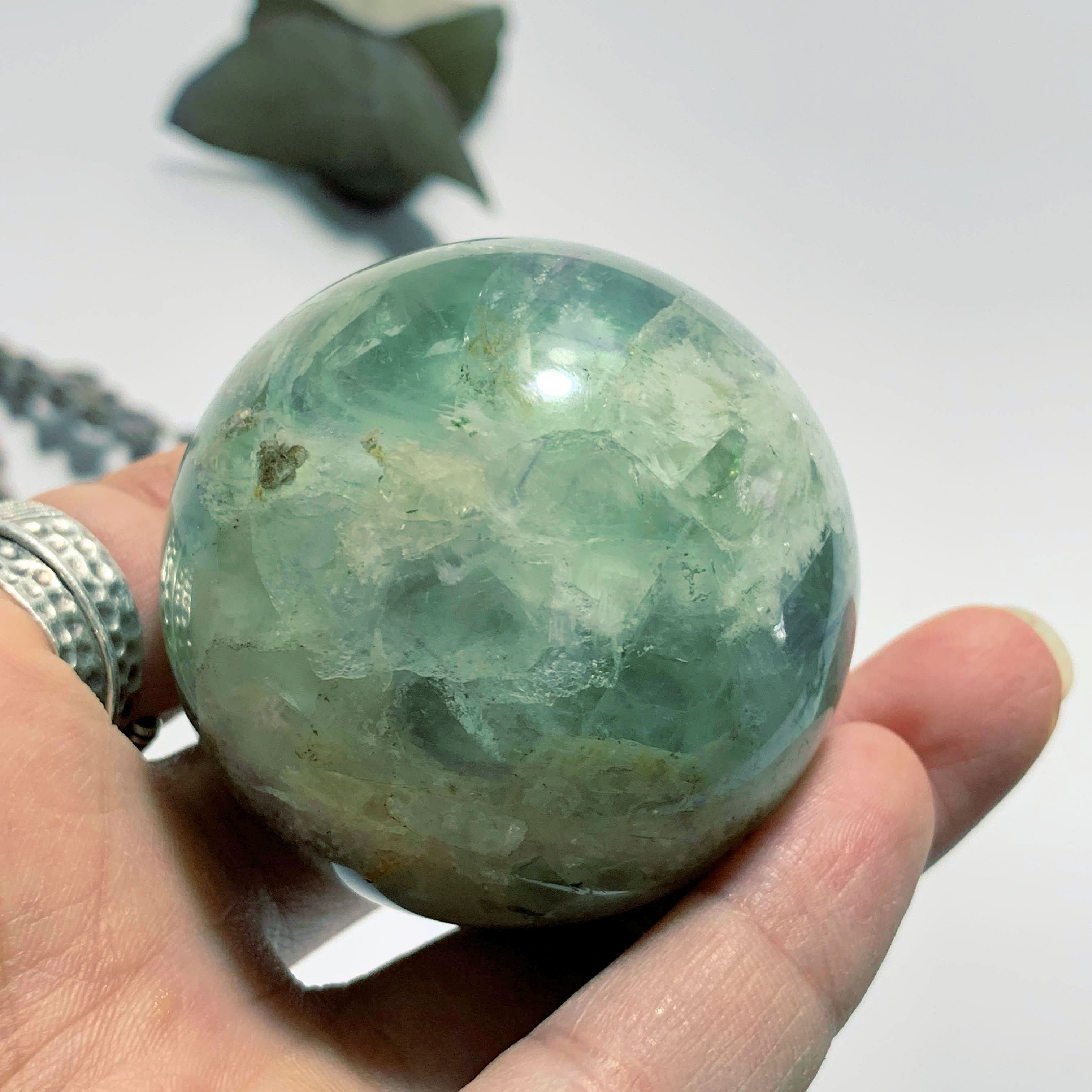 Rainbows Fanned Barite Included Green Fluorite Sphere Carving - Earth Family Crystals