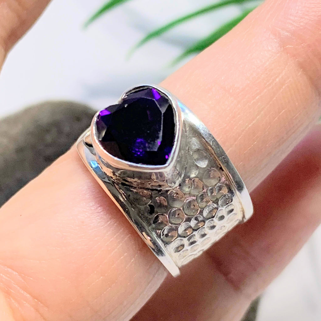 Faceted Deep Purple Amethyst Heart Sterling Silver Ring (Size Adjustable~ 6.5-7.5) - Earth Family Crystals