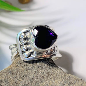 Faceted Deep Purple Amethyst Heart Sterling Silver Ring (Size Adjustable~ 6.5-7.5) - Earth Family Crystals