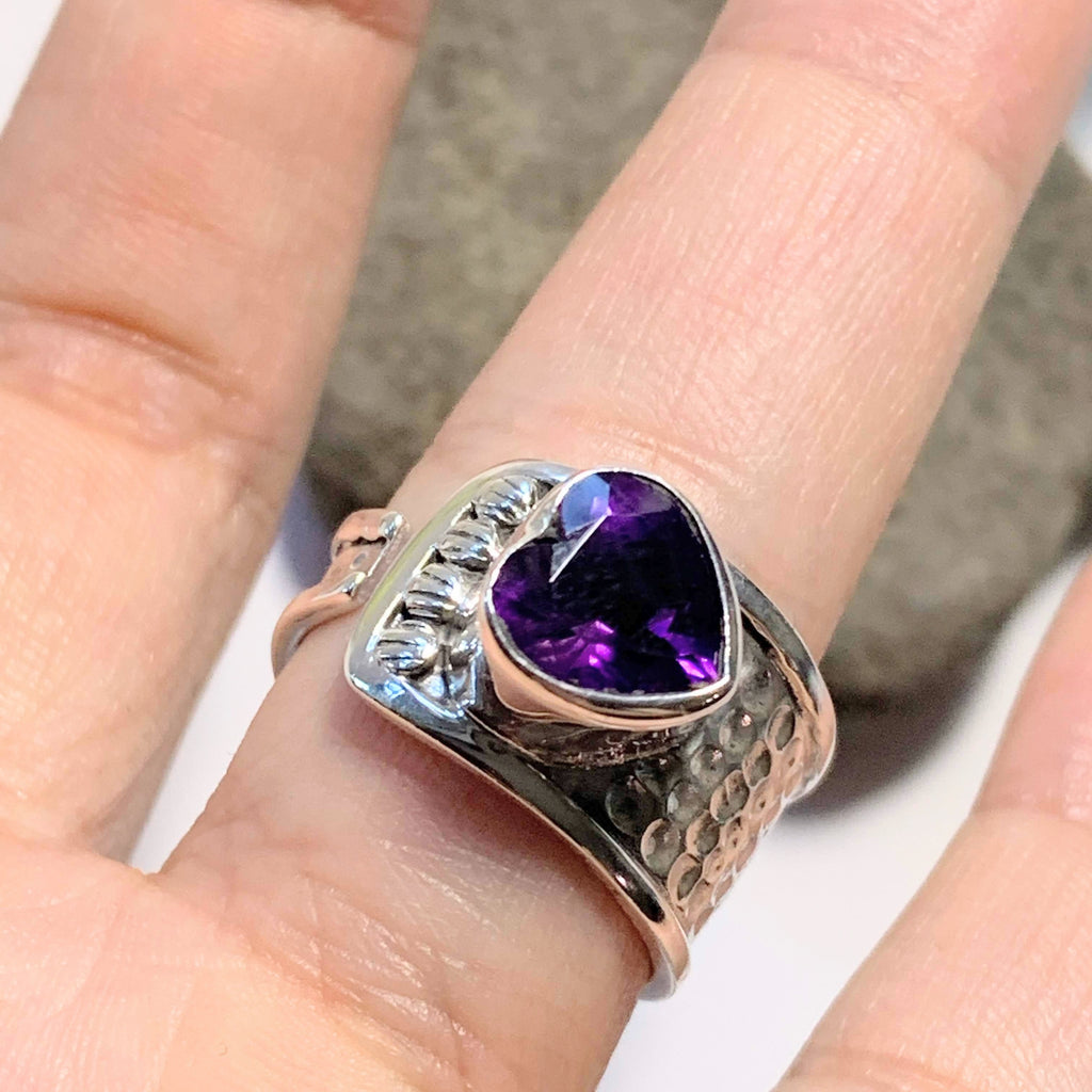 Faceted Deep Purple Amethyst Heart Sterling Silver Ring (Size Adjustable~8.5-9.5) - Earth Family Crystals