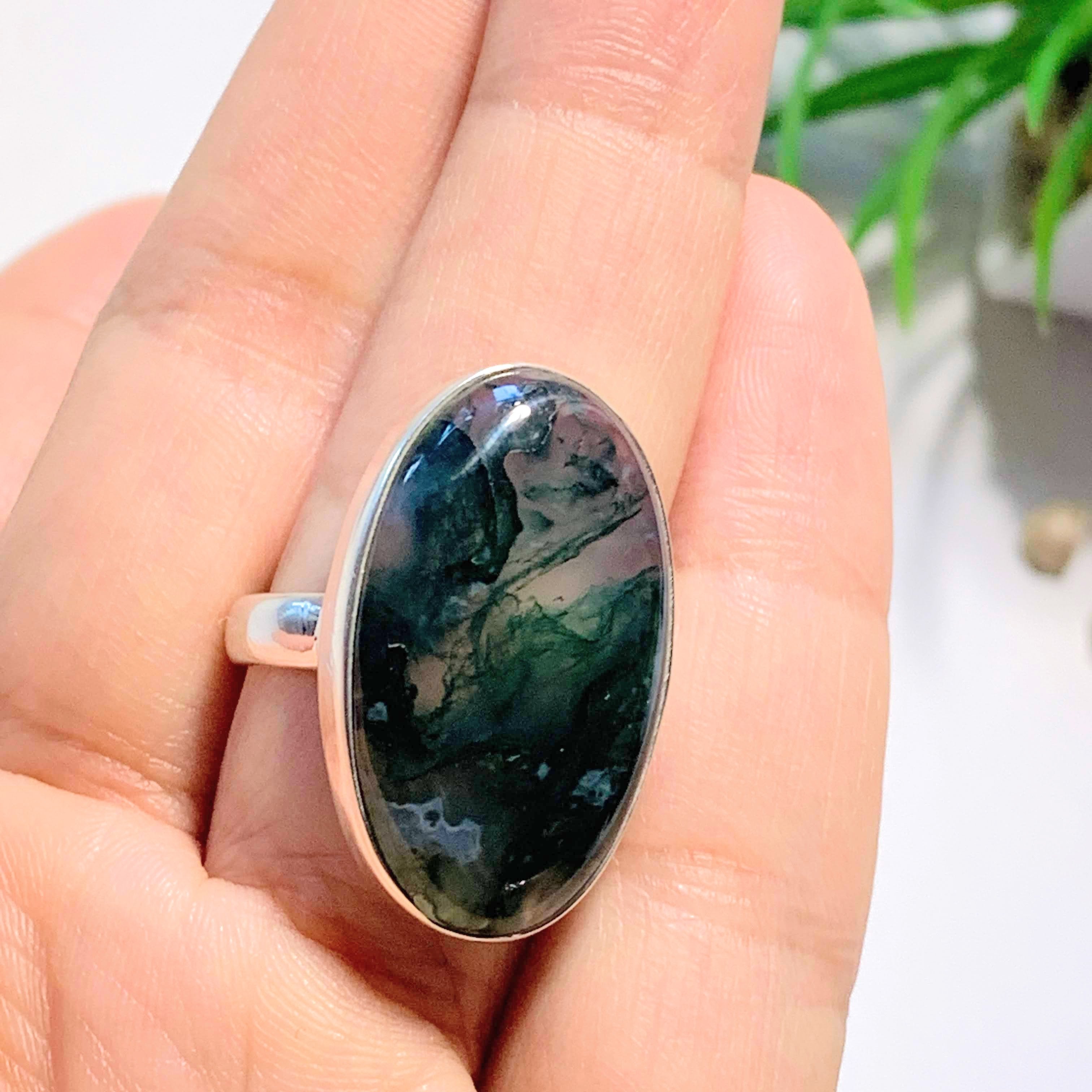 Deep Green Moss Agate Ring in Sterling Silver (Size: 8) - Earth Family Crystals