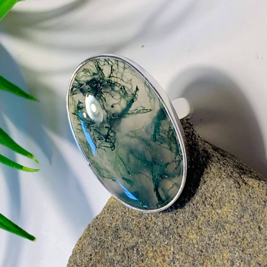 Deep Green Moss Agate Ring in Sterling Silver (Size: 6.5) - Earth Family Crystals