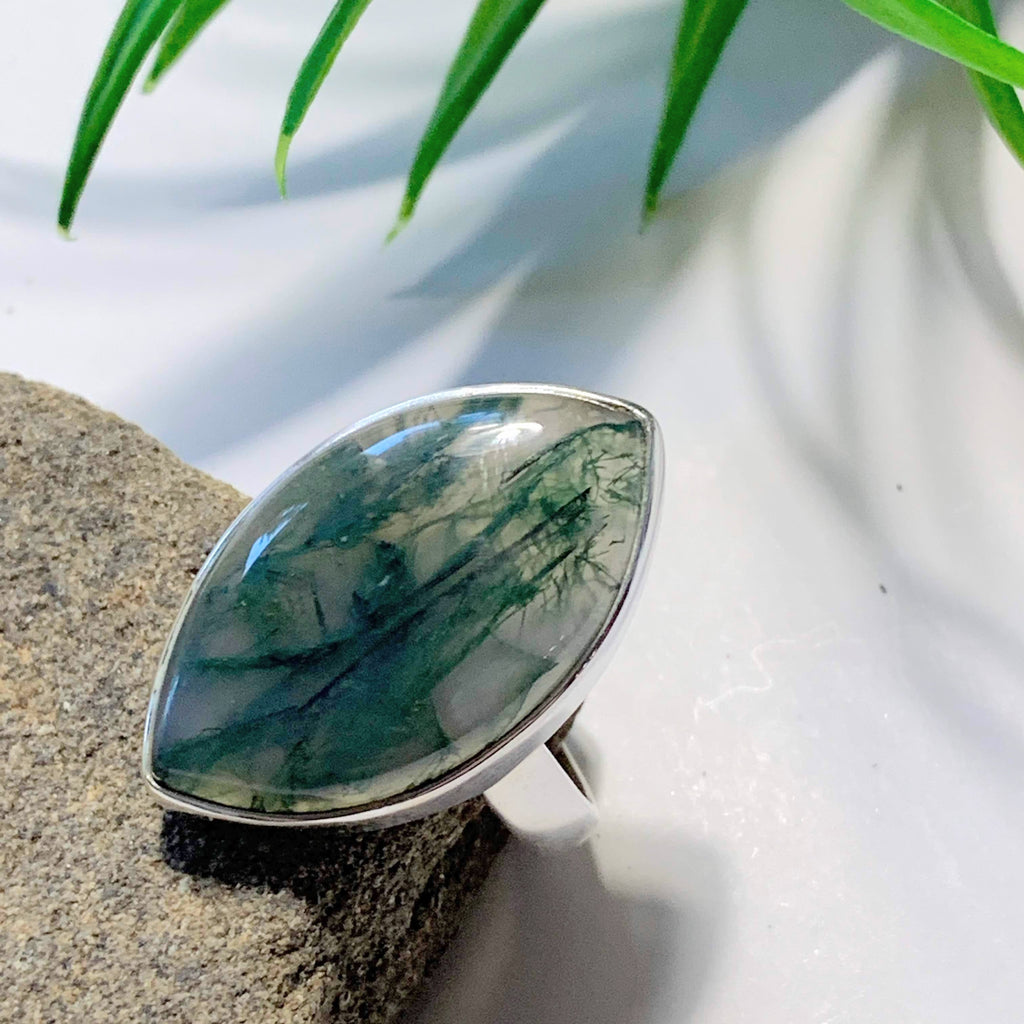 Deep Green Moss Agate Ring in Sterling Silver (Size: 7.5) - Earth Family Crystals