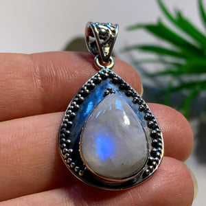 Teardrop Rainbow Moonstone Sterling Silver Pendant (Includes Silver Chain) - Earth Family Crystals