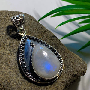 Teardrop Rainbow Moonstone Sterling Silver Pendant (Includes Silver Chain) - Earth Family Crystals