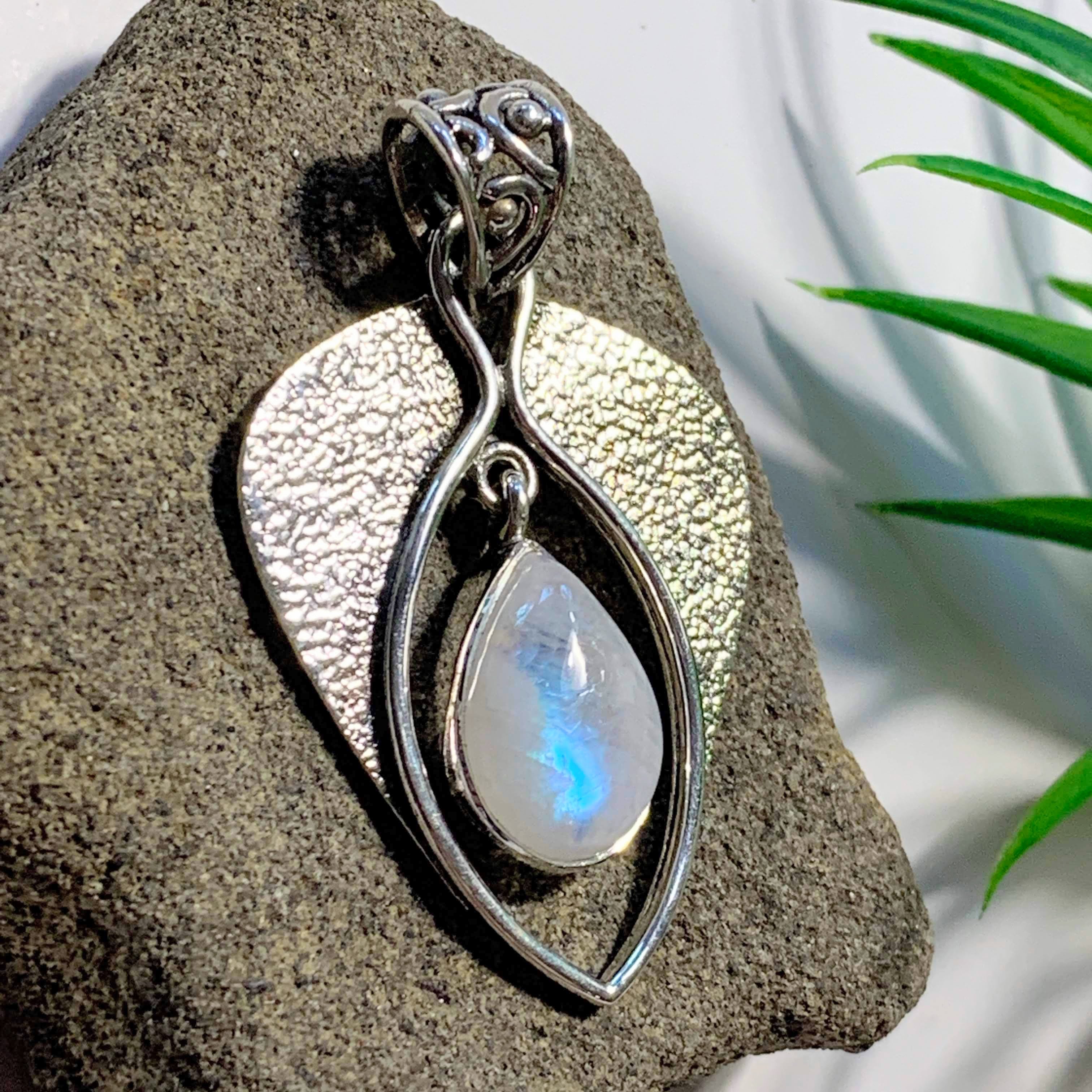 Pretty Teardrop Rainbow Moonstone Sterling Silver Pendant (Includes Silver Chain) #1 - Earth Family Crystals