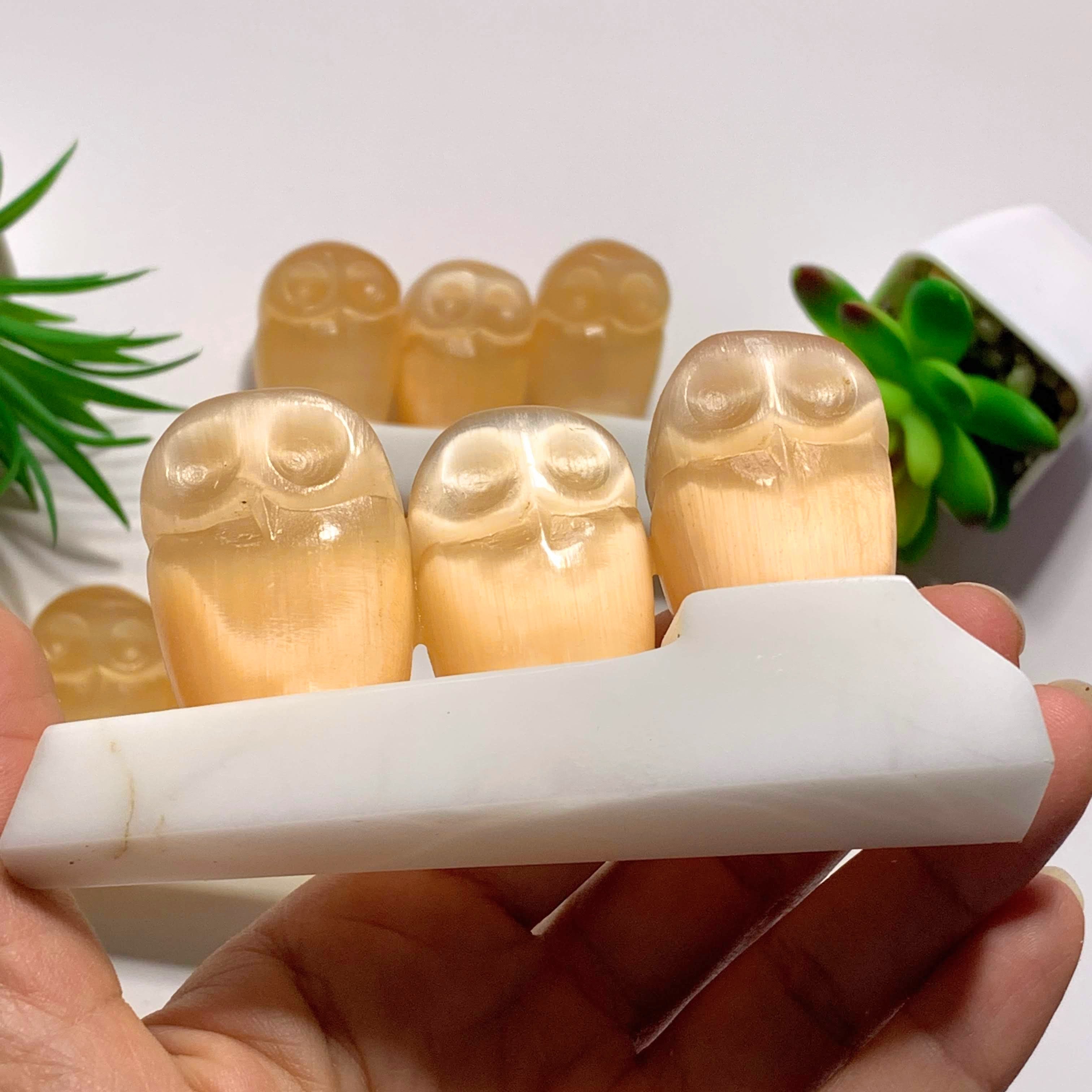 One Stunning Orange Selenite Owl Family Carving on Dolomite Stand