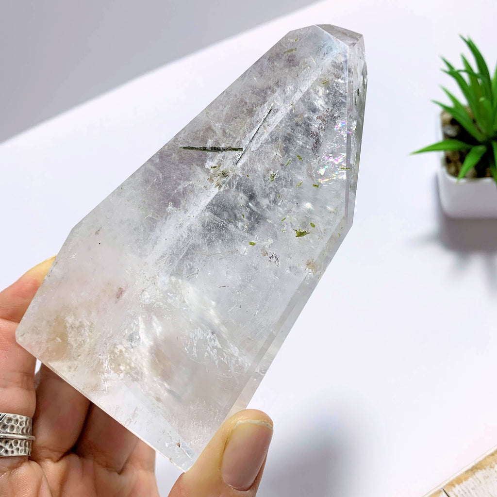 Stunning Clear Quartz Display Specimen With Green Tourmaline Inclusions ~Locality Brazil - Earth Family Crystals