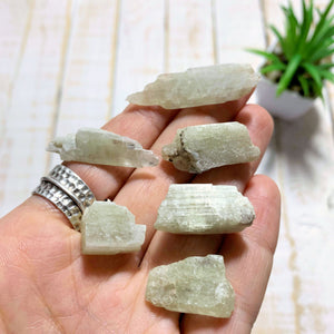 Set of 6 Raw Hiddenite (Green Kunzite) Small Handheld Crystals from Minas Gerais, Brazil