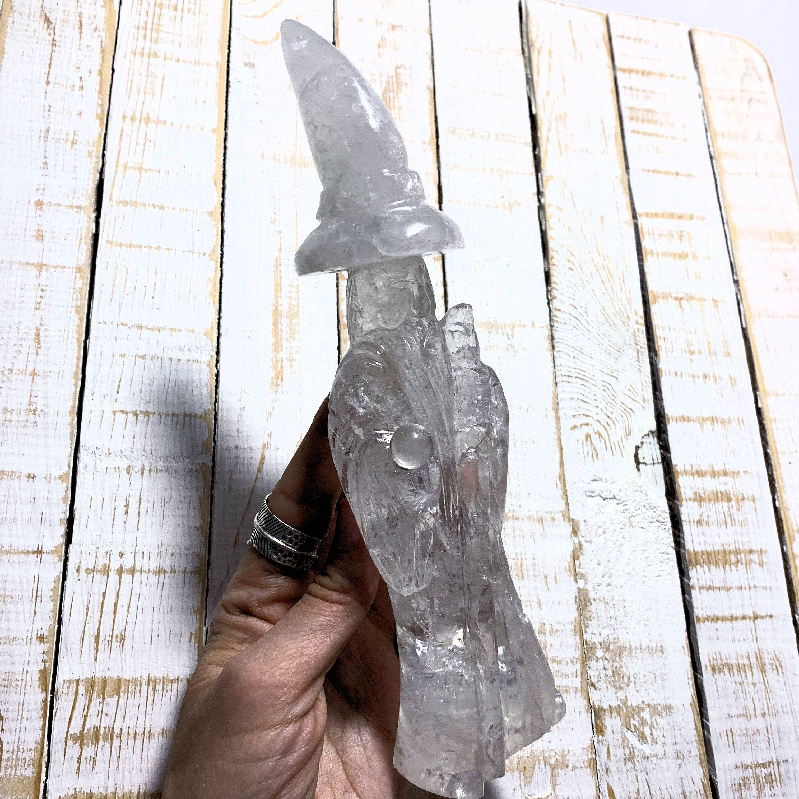 Rainbow Loaded Clear Quartz Large Merlin Wizard With Quartz Crystal Ball Display Carving~Locality Brazil - Earth Family Crystals