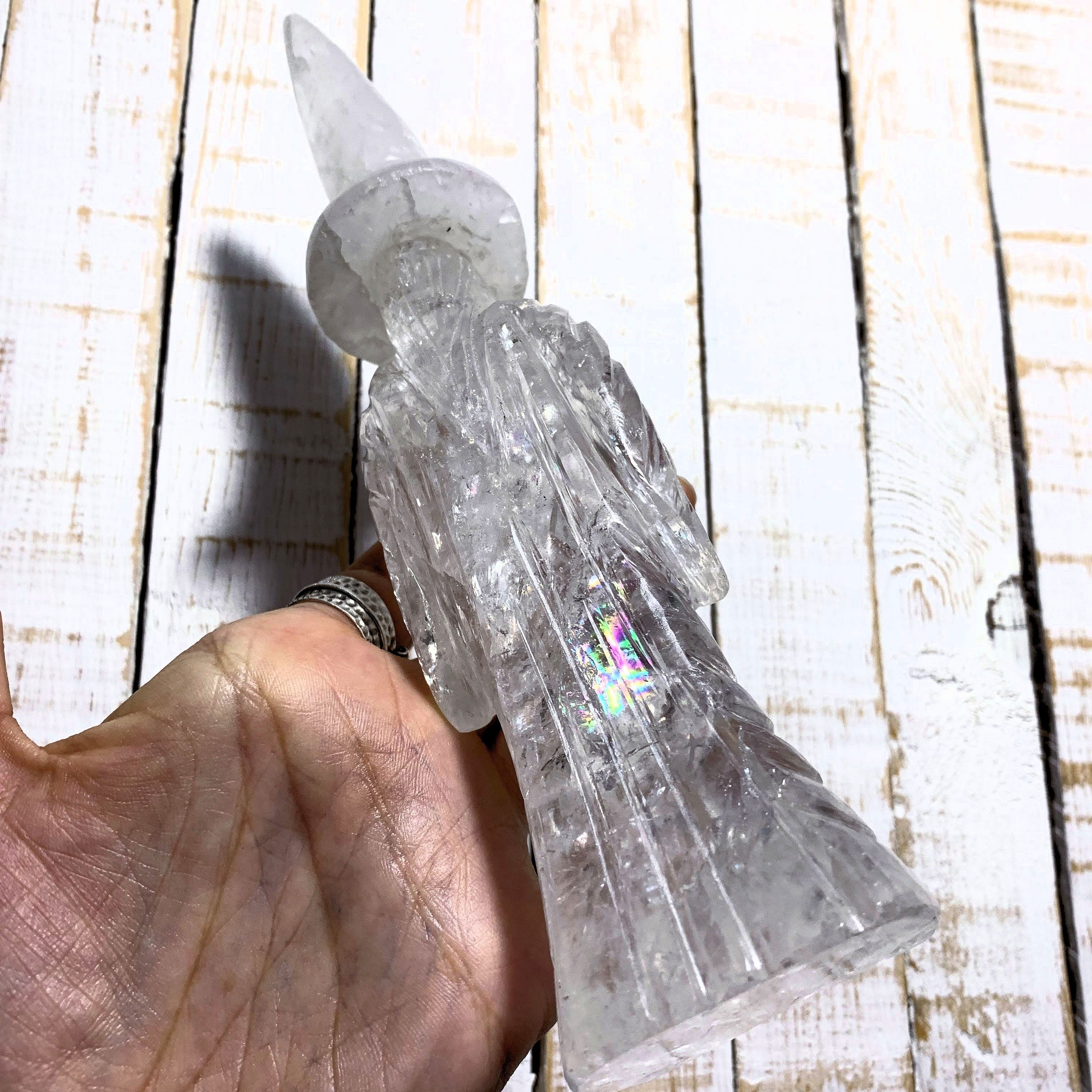 Rainbow Loaded Clear Quartz Large Merlin Wizard With Quartz Crystal Ball Display Carving~Locality Brazil - Earth Family Crystals