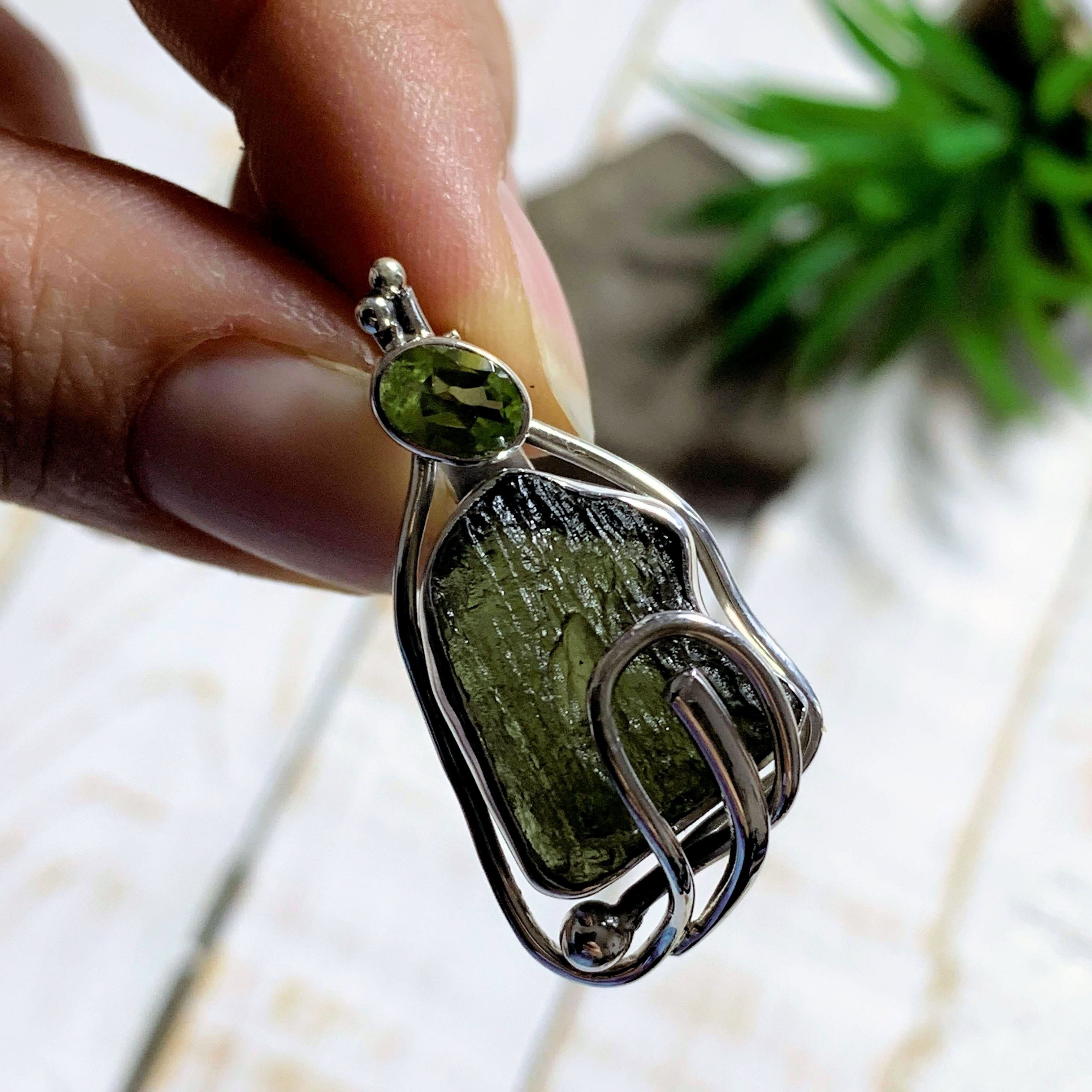 Genuine Raw Moldavite & Faceted Peridot Pendant In Sterling Silver (Includes Silver Chain) #1 - Earth Family Crystals