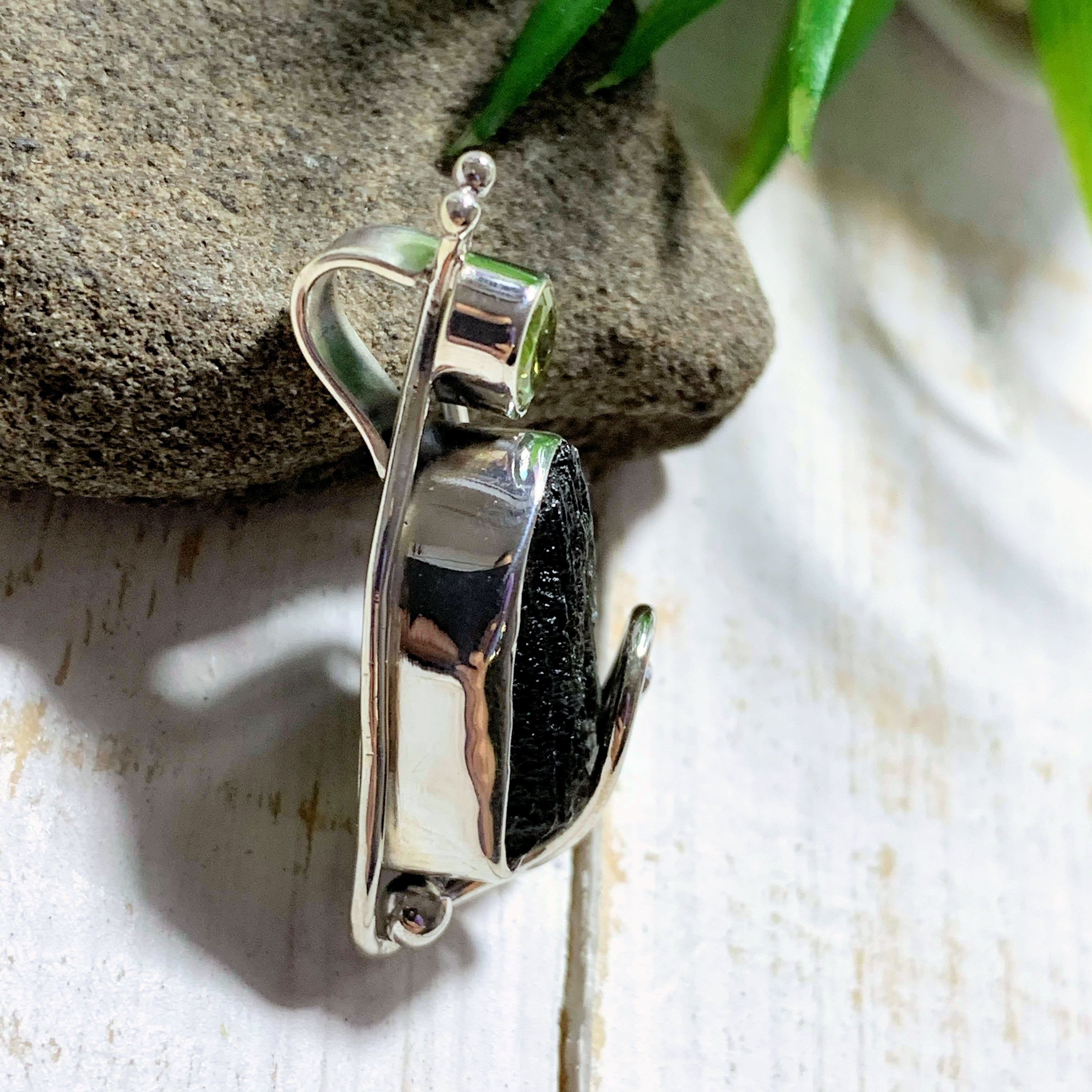 Genuine Raw Moldavite & Faceted Peridot Pendant In Sterling Silver (Includes Silver Chain) #1 - Earth Family Crystals