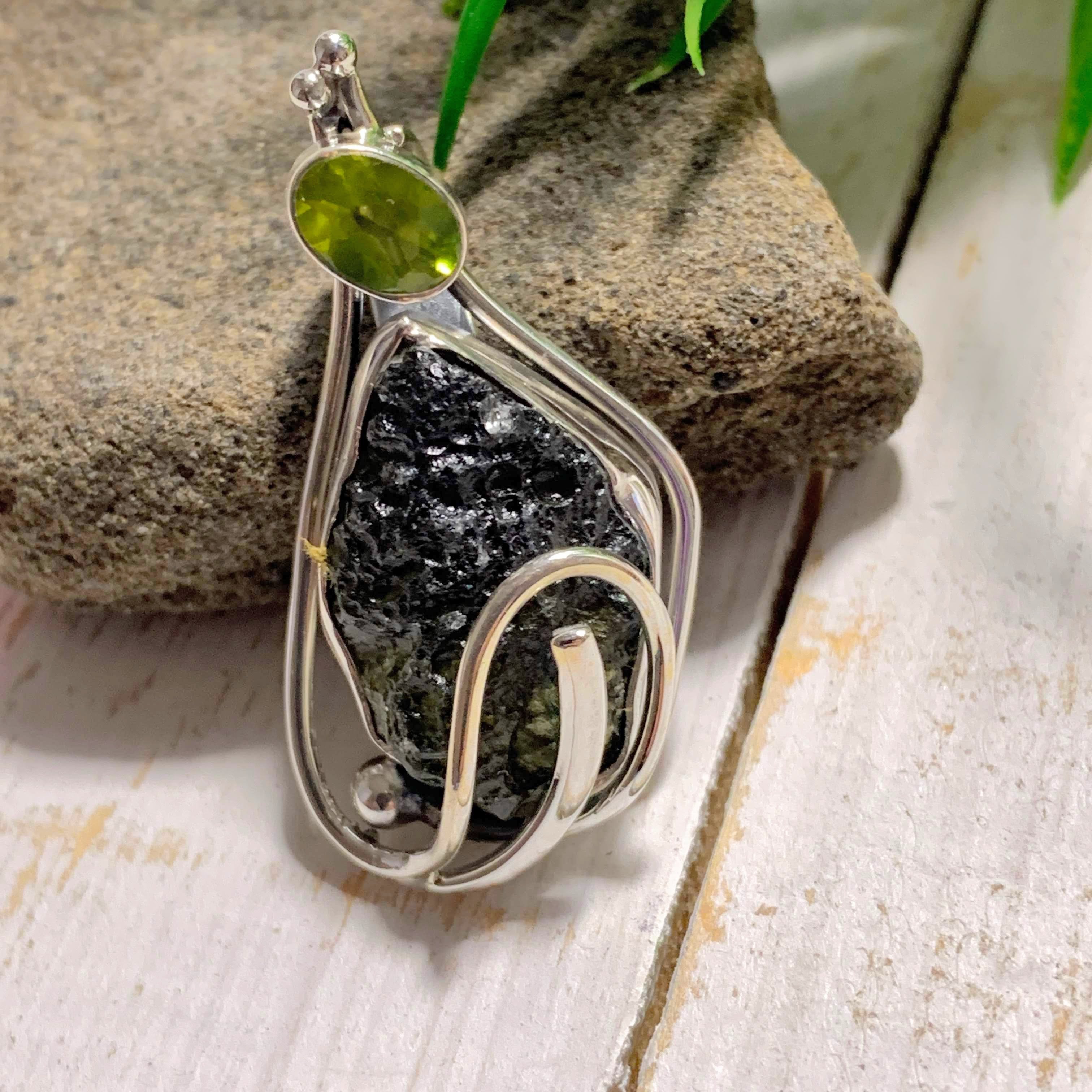 Genuine Raw Moldavite & Faceted Peridot Pendant In Sterling Silver (Includes Silver Chain) #2 - Earth Family Crystals