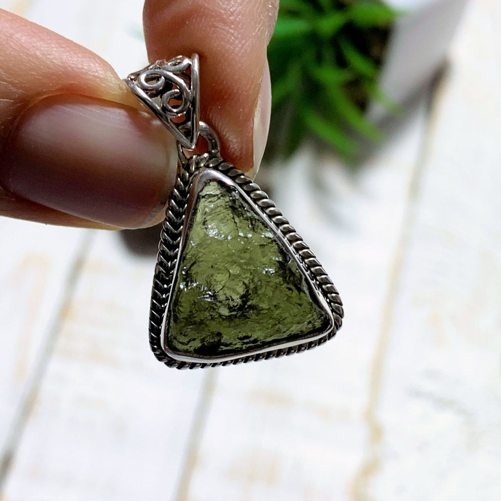 Genuine Raw Green Moldavite Pendant In Sterling Silver (Includes Silver Chain) - Earth Family Crystals