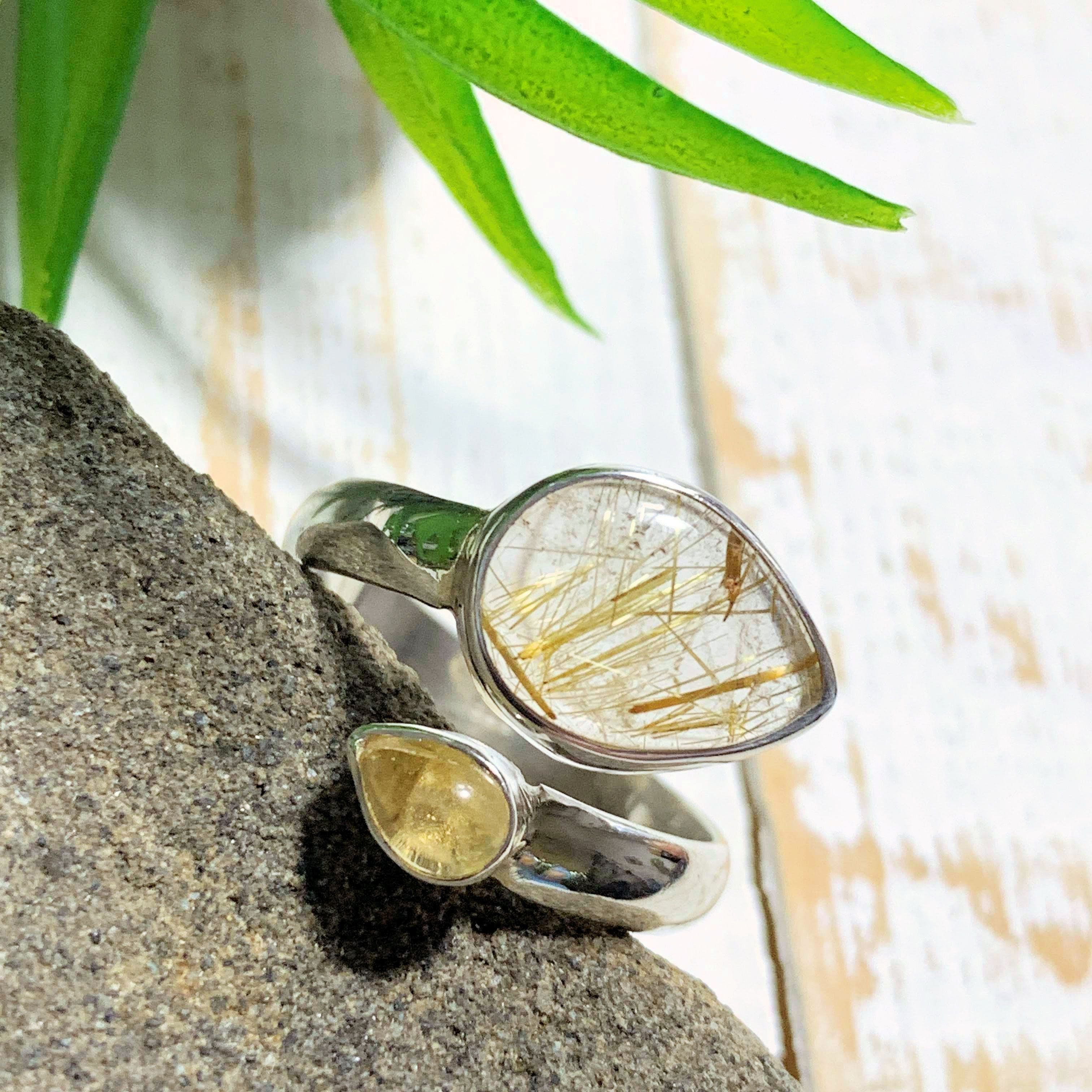 Golden Rutilated Quartz & Citrine Sterling Silver Ring (Size Adjustable 8.5-10) REDUCED - Earth Family Crystals