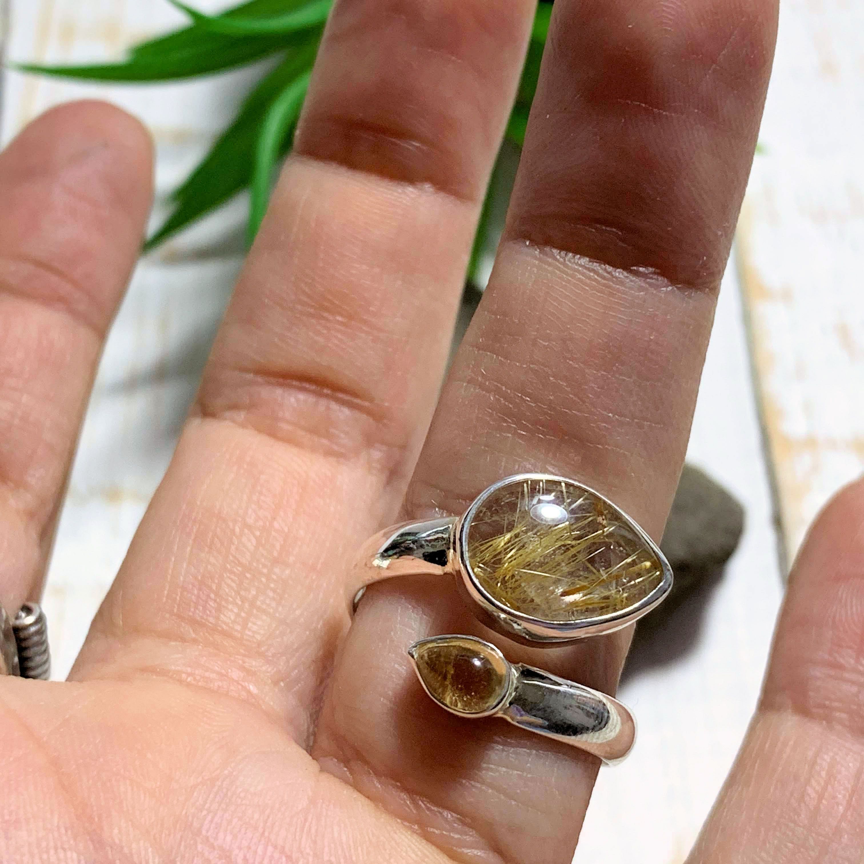 Golden Rutilated Quartz & Citrine Sterling Silver Ring (Size Adjustable 8.5-10) REDUCED - Earth Family Crystals