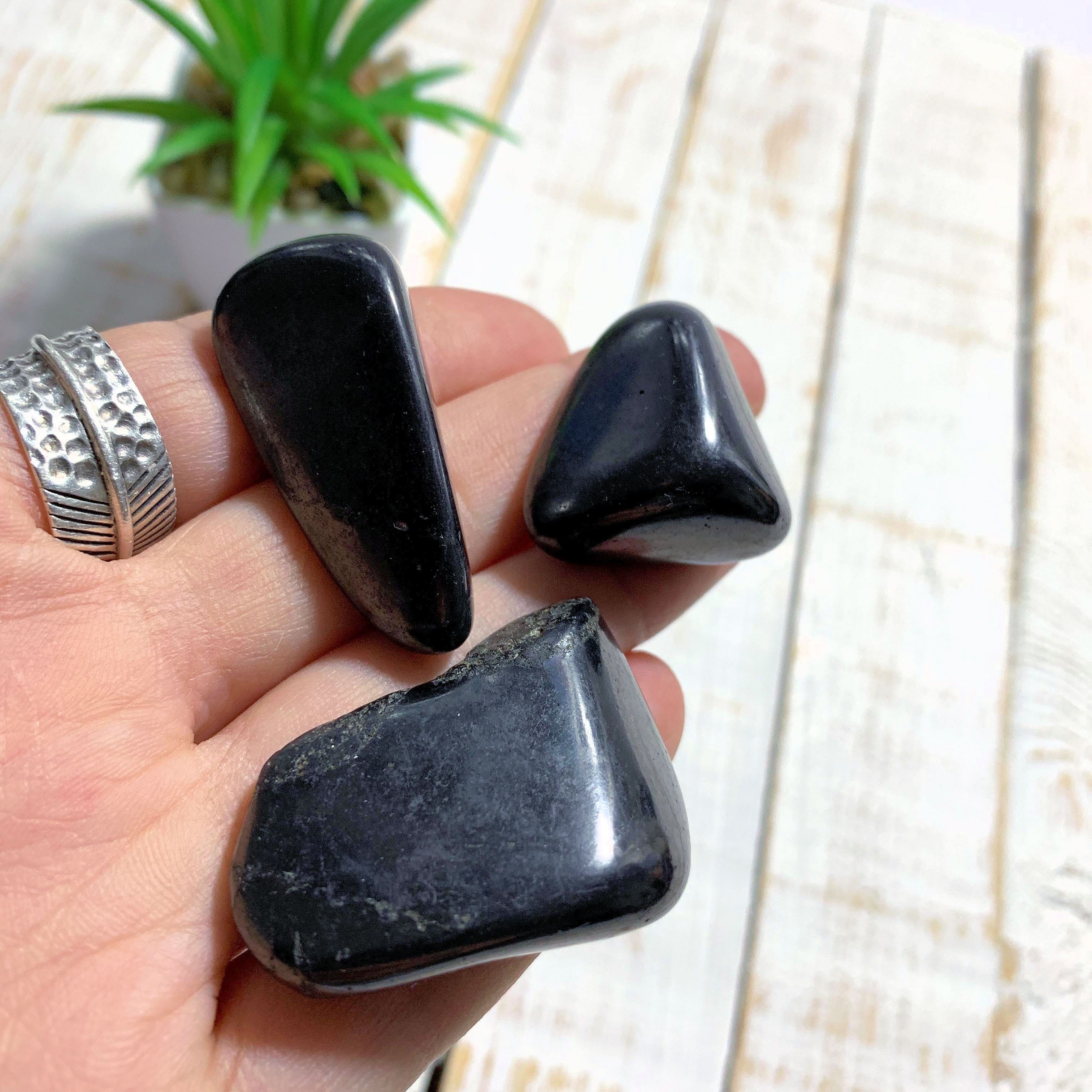 Set of 3 Polished EMF Protective Hand Held Shungite Free Form Stones