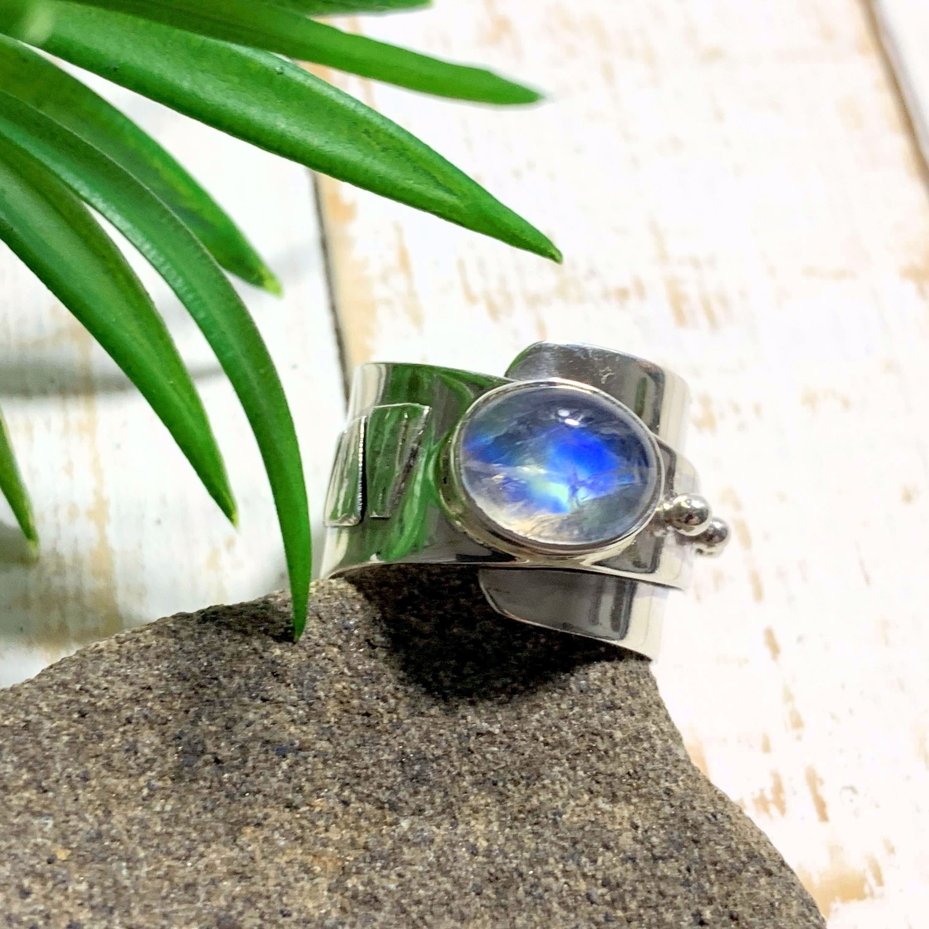 Royal Blue Flash Rainbow Moonstone Ring in Sterling Silver (Size: 8) - Earth Family Crystals