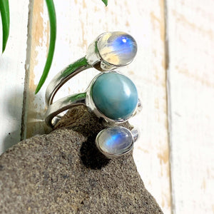 Pretty Larimar & Rainbow Moonstone Ring in Sterling Silver (Size: 6.5) - Earth Family Crystals