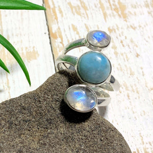 RESERVED For Alesha. D~Pretty Larimar & Rainbow Moonstone Ring in Sterling Silver (Size: 8) - Earth Family Crystals