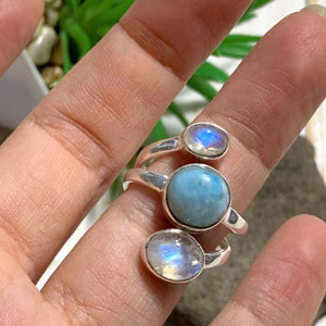 RESERVED For Alesha. D~Pretty Larimar & Rainbow Moonstone Ring in Sterling Silver (Size: 8) - Earth Family Crystals