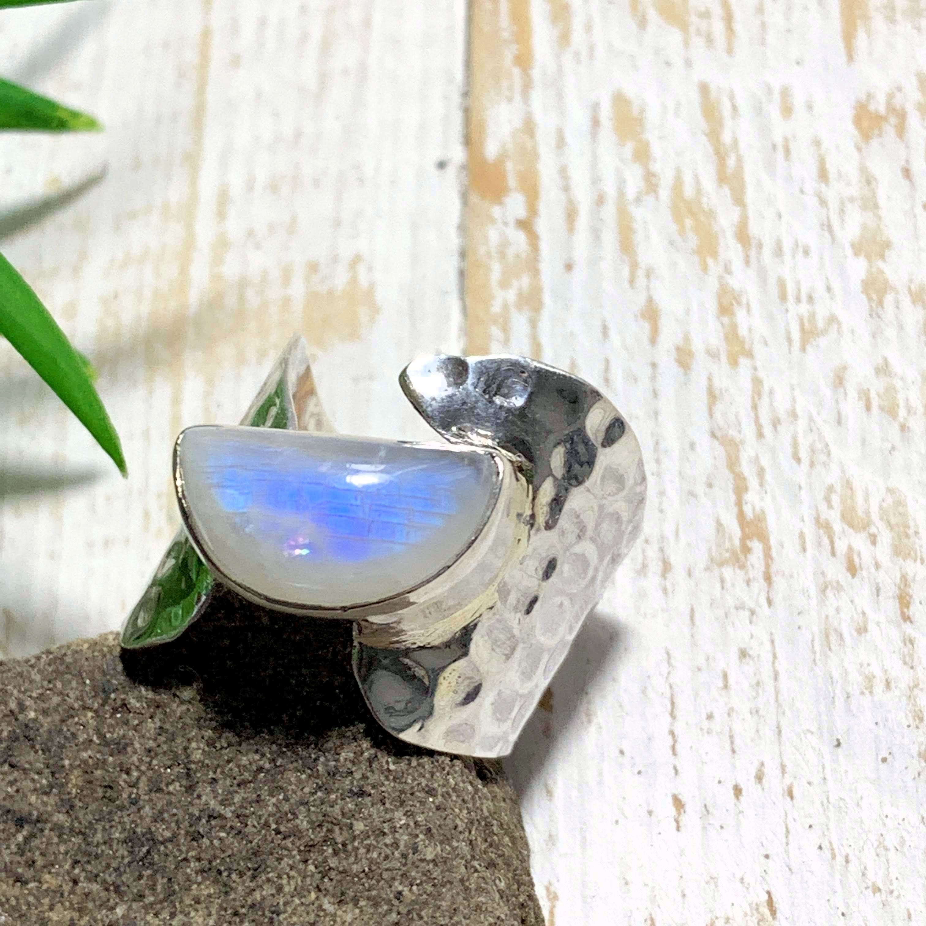 Pretty Royal Blue Rainbow Moonstone Ring in Sterling Silver (Size: 8) - Earth Family Crystals