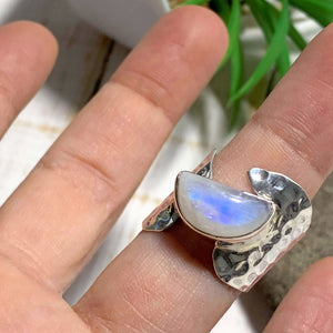 Pretty Royal Blue Rainbow Moonstone Ring in Sterling Silver (Size: 8) - Earth Family Crystals