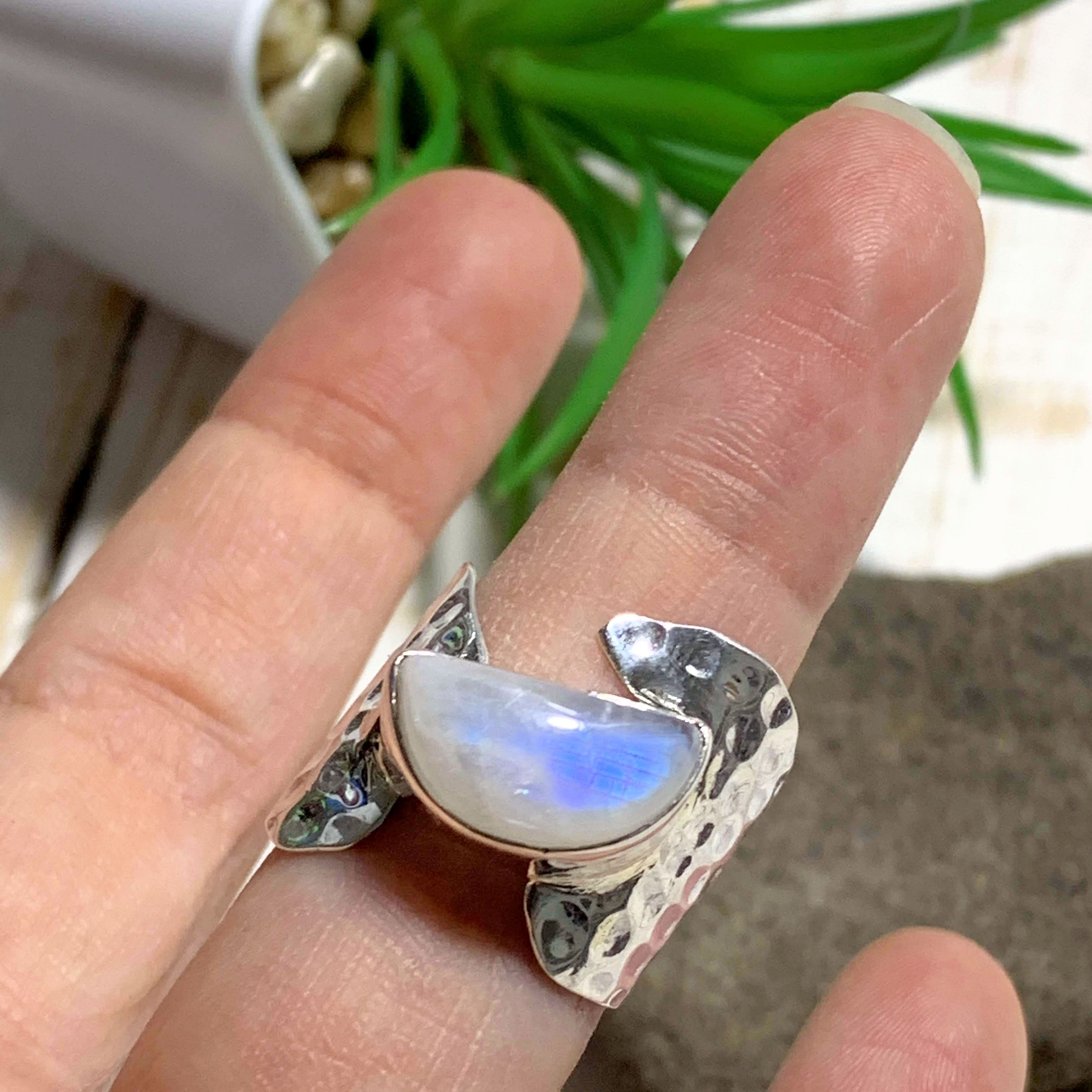 Pretty Royal Blue Rainbow Moonstone Ring in Sterling Silver (Size: 8) - Earth Family Crystals