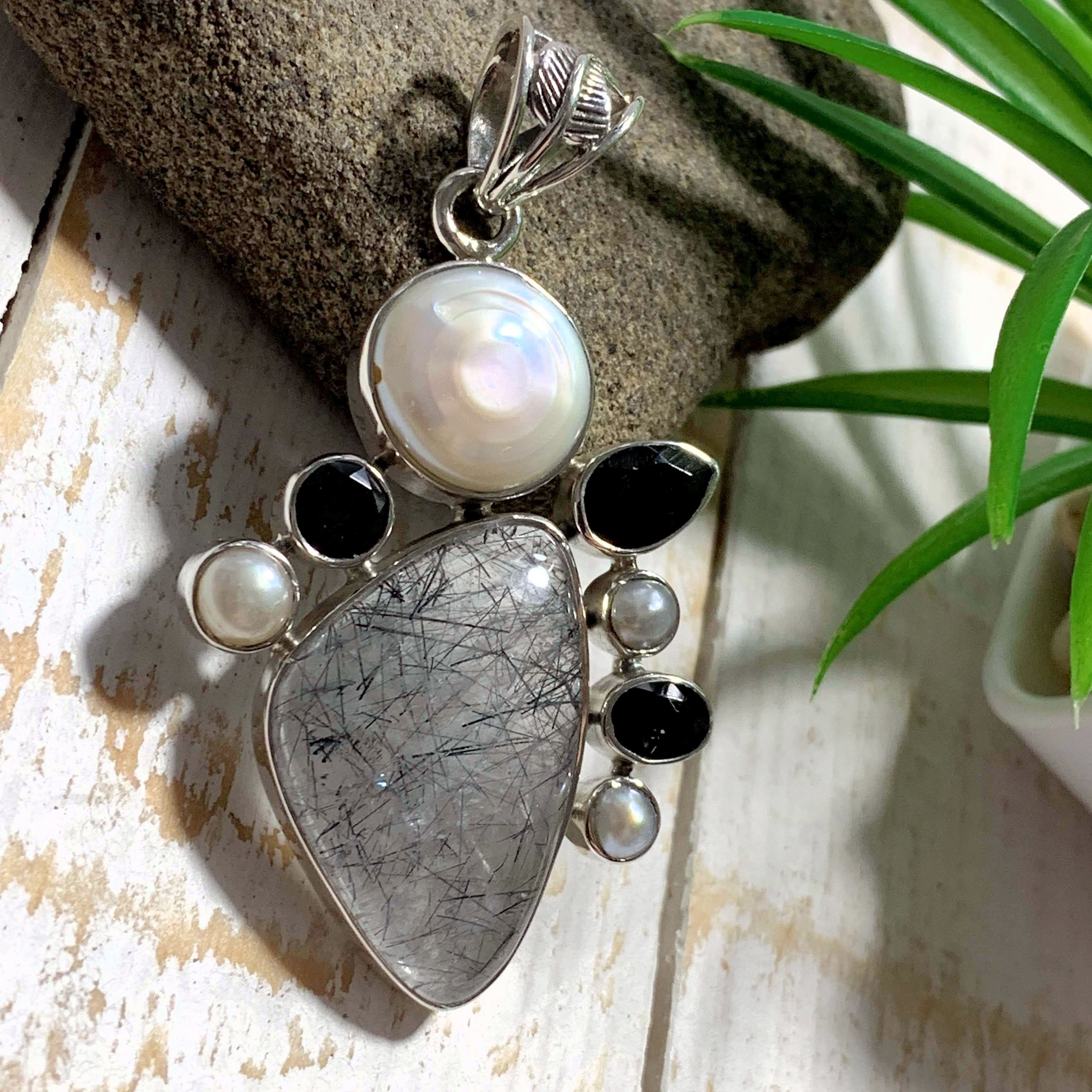 RESERVED For Alesha. D~Tourmalated Quartz, Pearl & Onyx Pendant in Sterling Silver (Includes Silver Chain) REDUCED - Earth Family Crystals