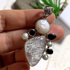 RESERVED For Alesha. D~Tourmalated Quartz, Pearl & Onyx Pendant in Sterling Silver (Includes Silver Chain) REDUCED - Earth Family Crystals