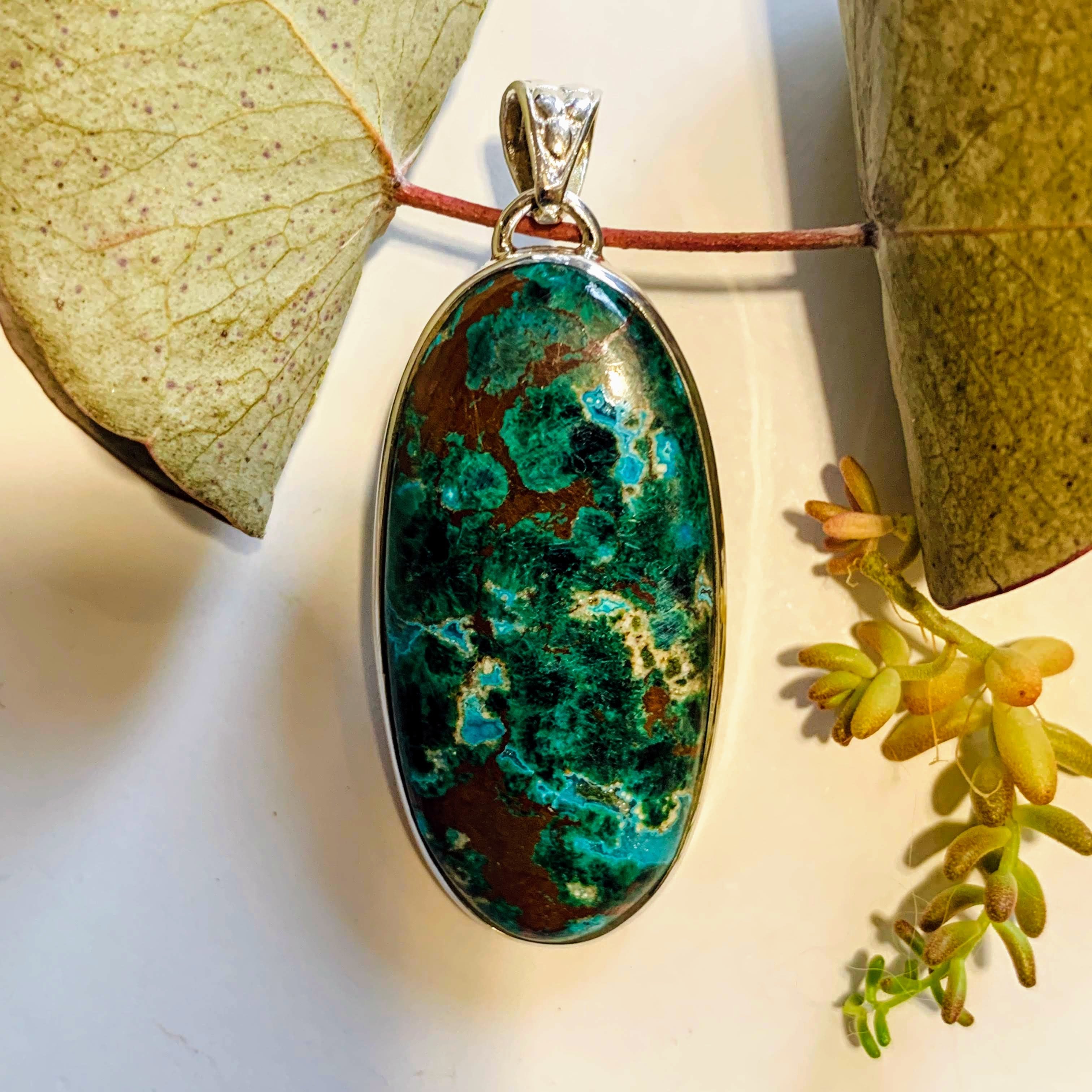 Gorgeous Chrysocolla Pendant with Malachite & Red Cuprite Inclusions in Sterling Silver (Includes Silver Chain) #1 - Earth Family Crystals