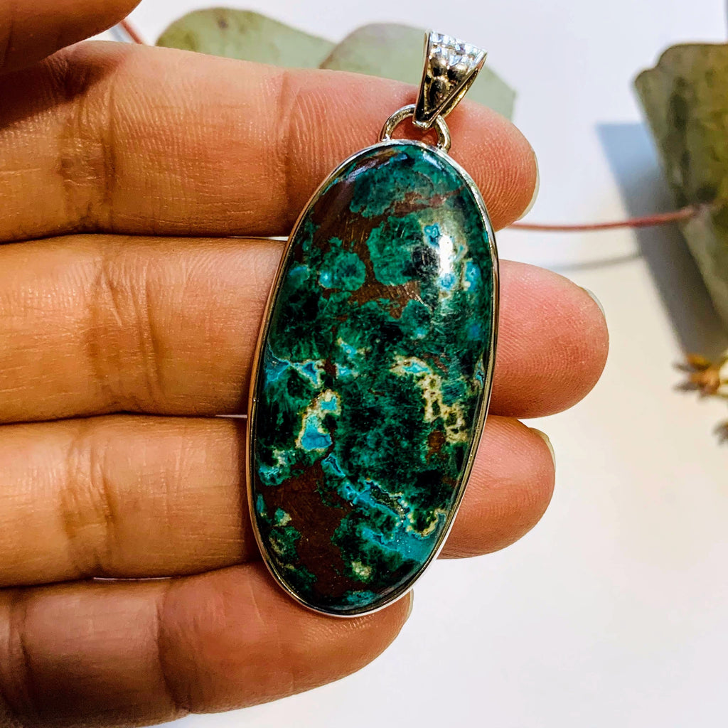 Gorgeous Chrysocolla Pendant with Malachite & Red Cuprite Inclusions in Sterling Silver (Includes Silver Chain) #1 - Earth Family Crystals