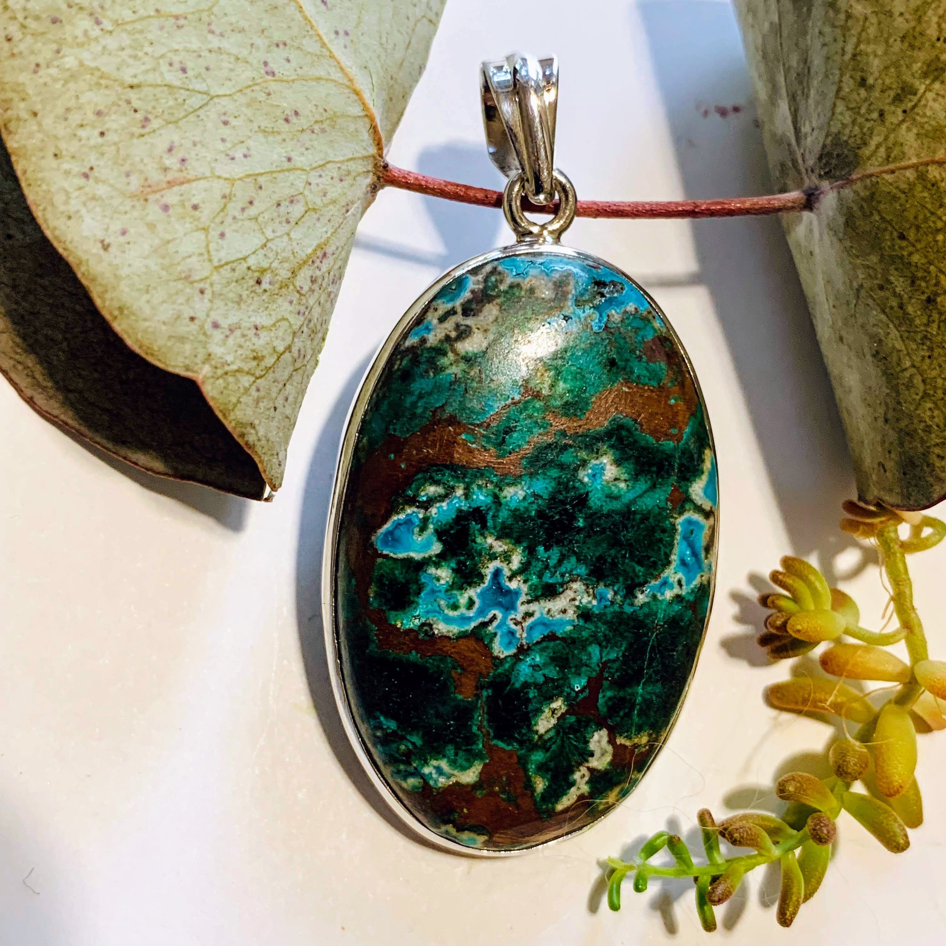 Gorgeous Chrysocolla Pendant with Malachite & Red Cuprite Inclusions in Sterling Silver (Includes Silver Chain) #2 - Earth Family Crystals