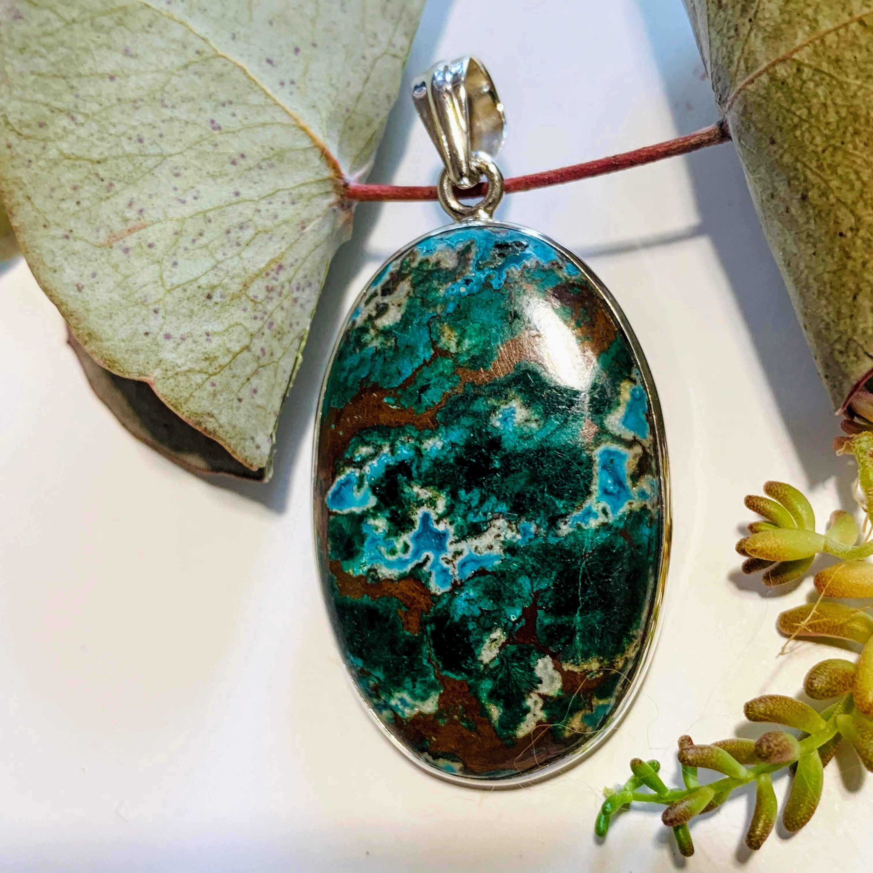 Gorgeous Chrysocolla Pendant with Malachite & Red Cuprite Inclusions in Sterling Silver (Includes Silver Chain) #2 - Earth Family Crystals