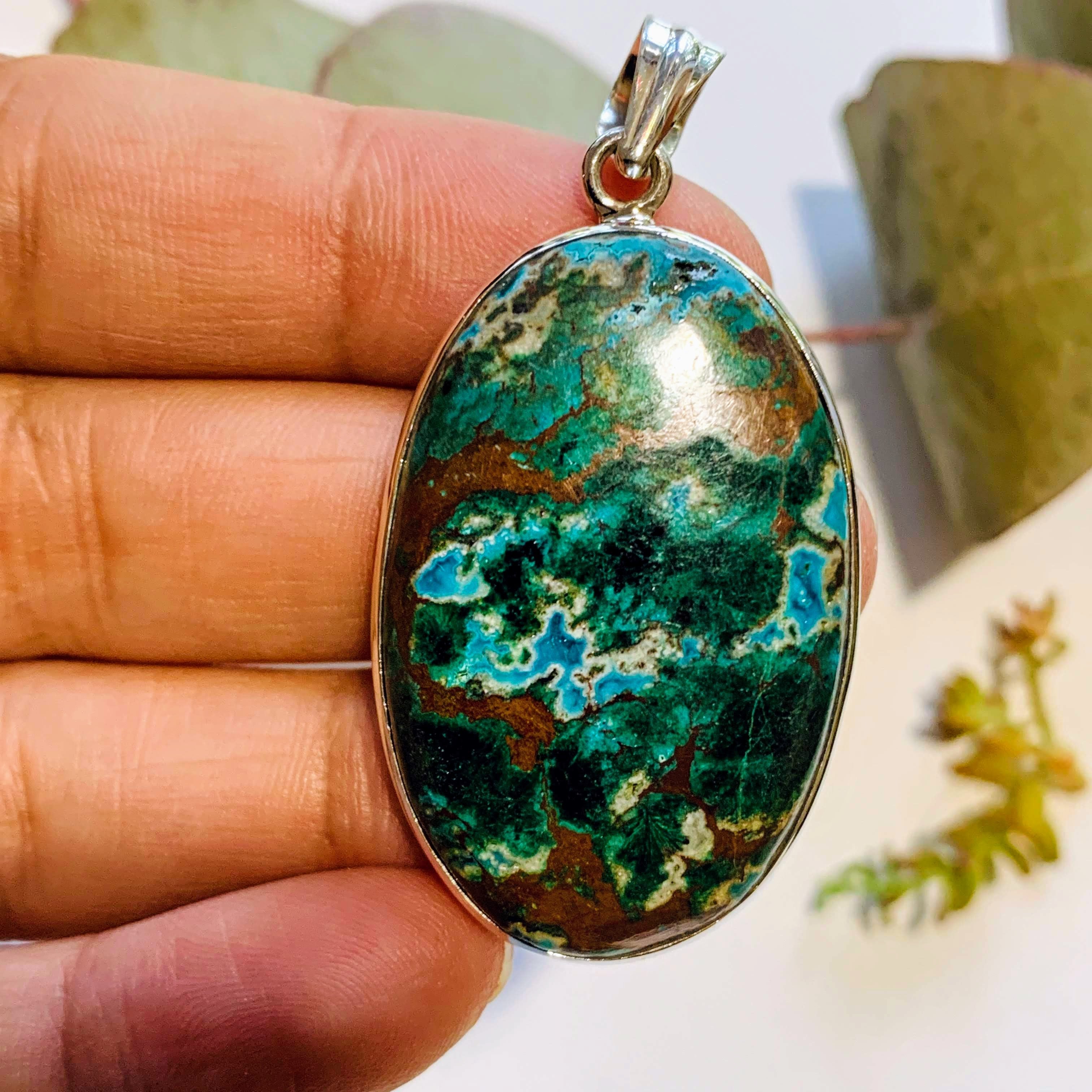 Gorgeous Chrysocolla Pendant with Malachite & Red Cuprite Inclusions in Sterling Silver (Includes Silver Chain) #2 - Earth Family Crystals