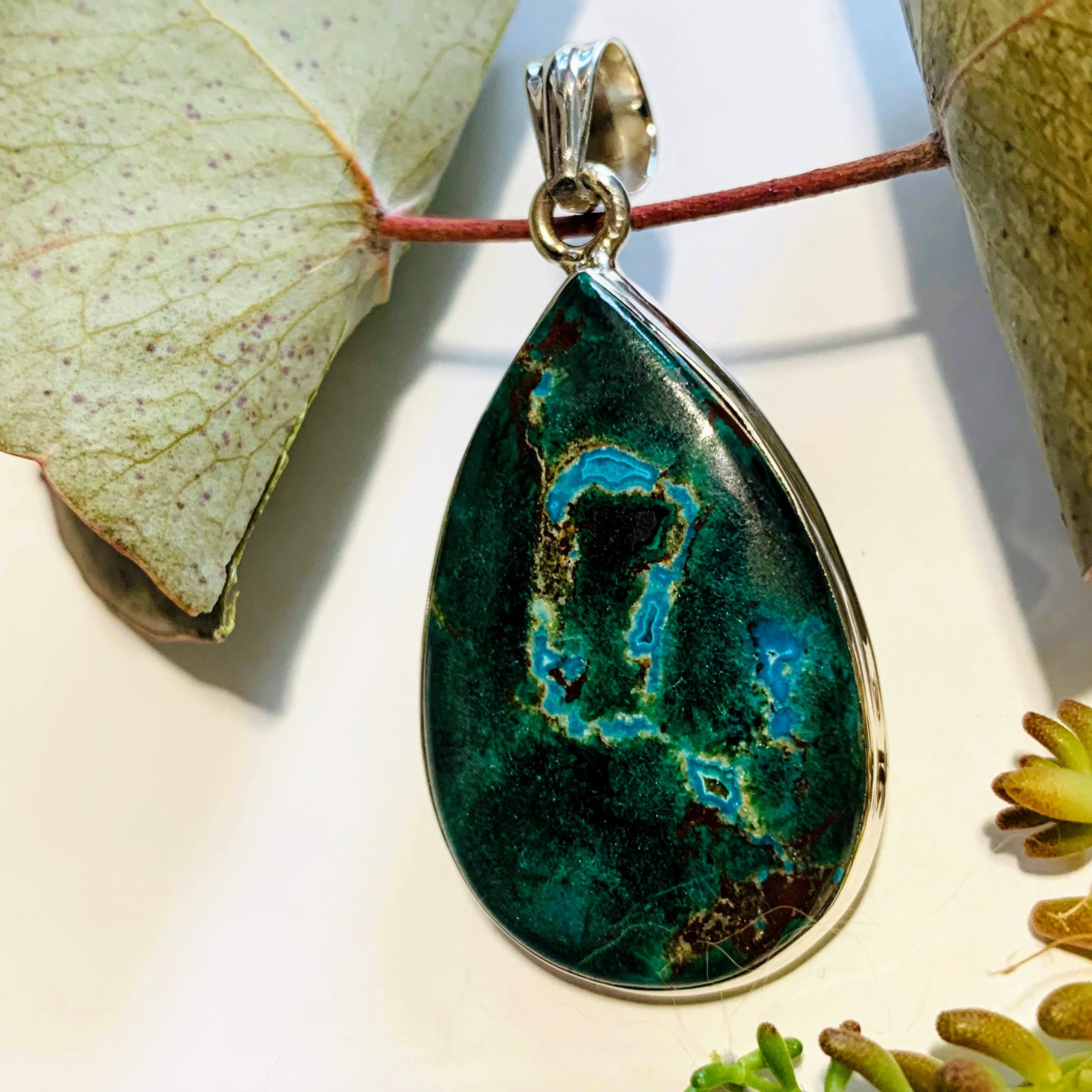 Gorgeous Chrysocolla Pendant with Malachite & Red Cuprite Inclusions in Sterling Silver (Includes Silver Chain) #3 - Earth Family Crystals