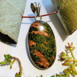 Salmon Pink & Forest Green Unakite Sterling Silver Pendant (Includes Silver Chain)