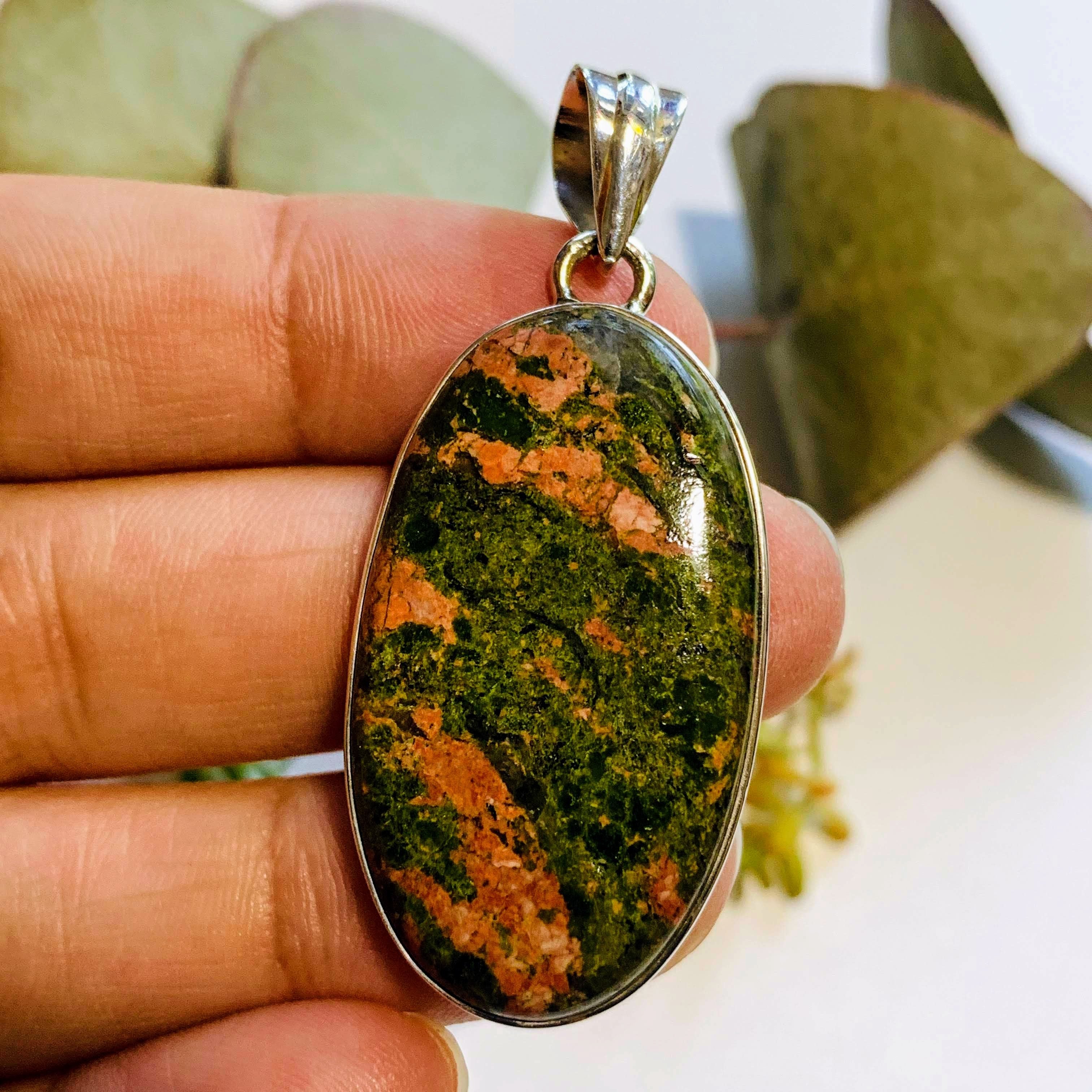 Salmon Pink & Forest Green Unakite Sterling Silver Pendant (Includes Silver Chain)