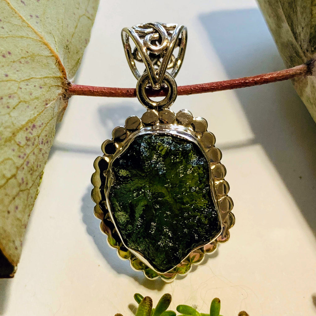 Genuine Deep Green Raw Moldavite Pendant In Sterling Silver (Includes Silver Chain) #2 - Earth Family Crystals