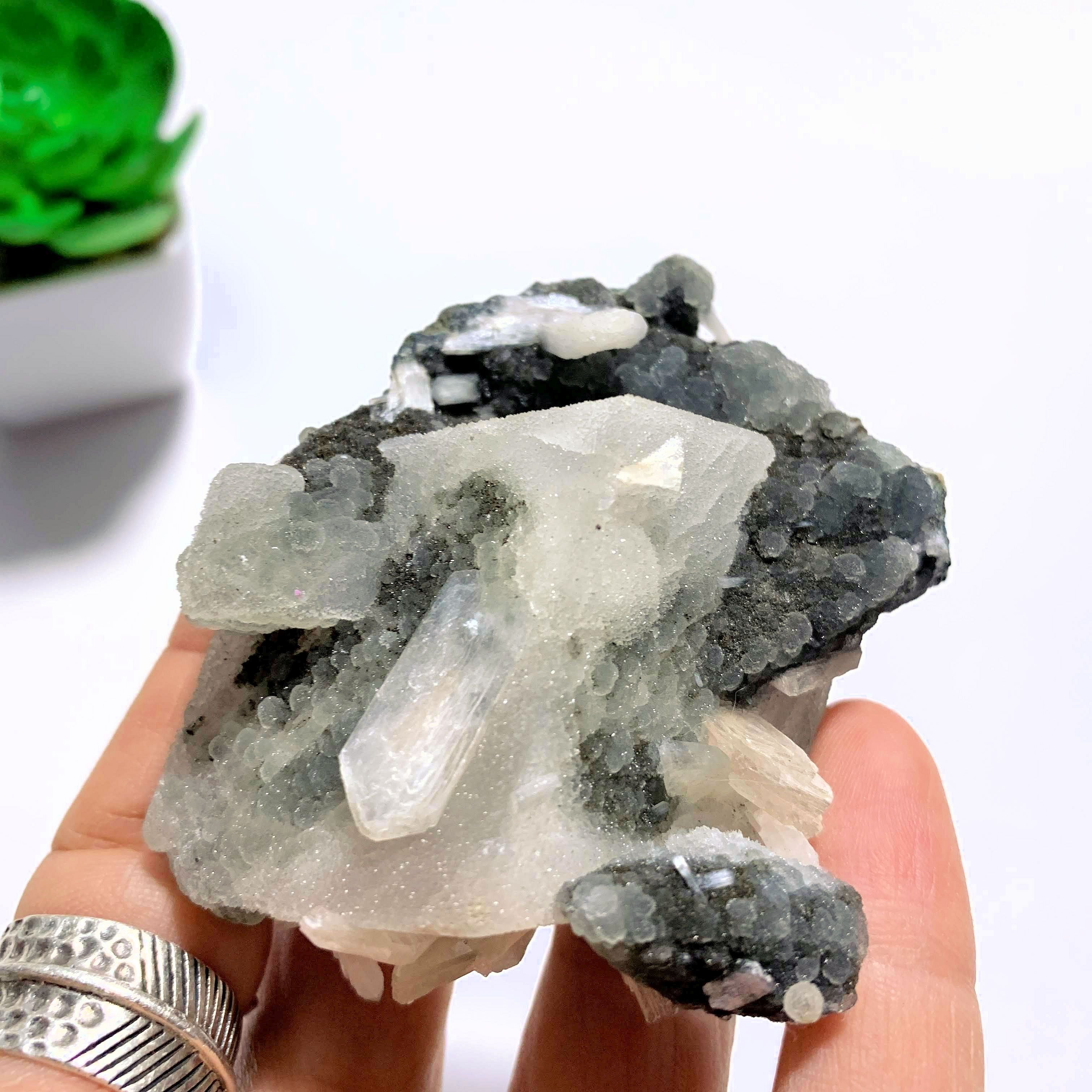 One of a Kind Black Chalcedony & Stilbite Cluster From India - Earth Family Crystals