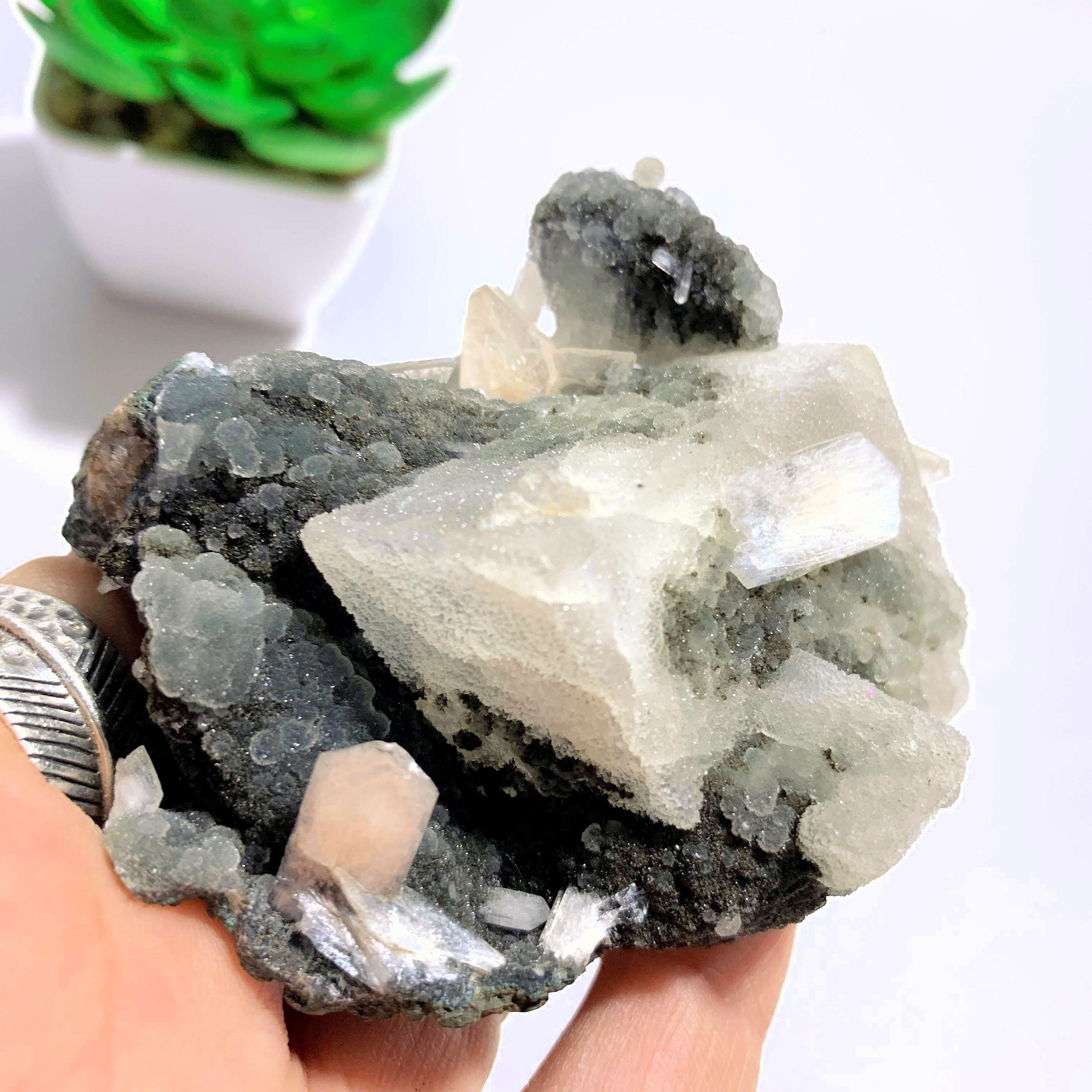 One of a Kind Black Chalcedony & Stilbite Cluster From India - Earth Family Crystals