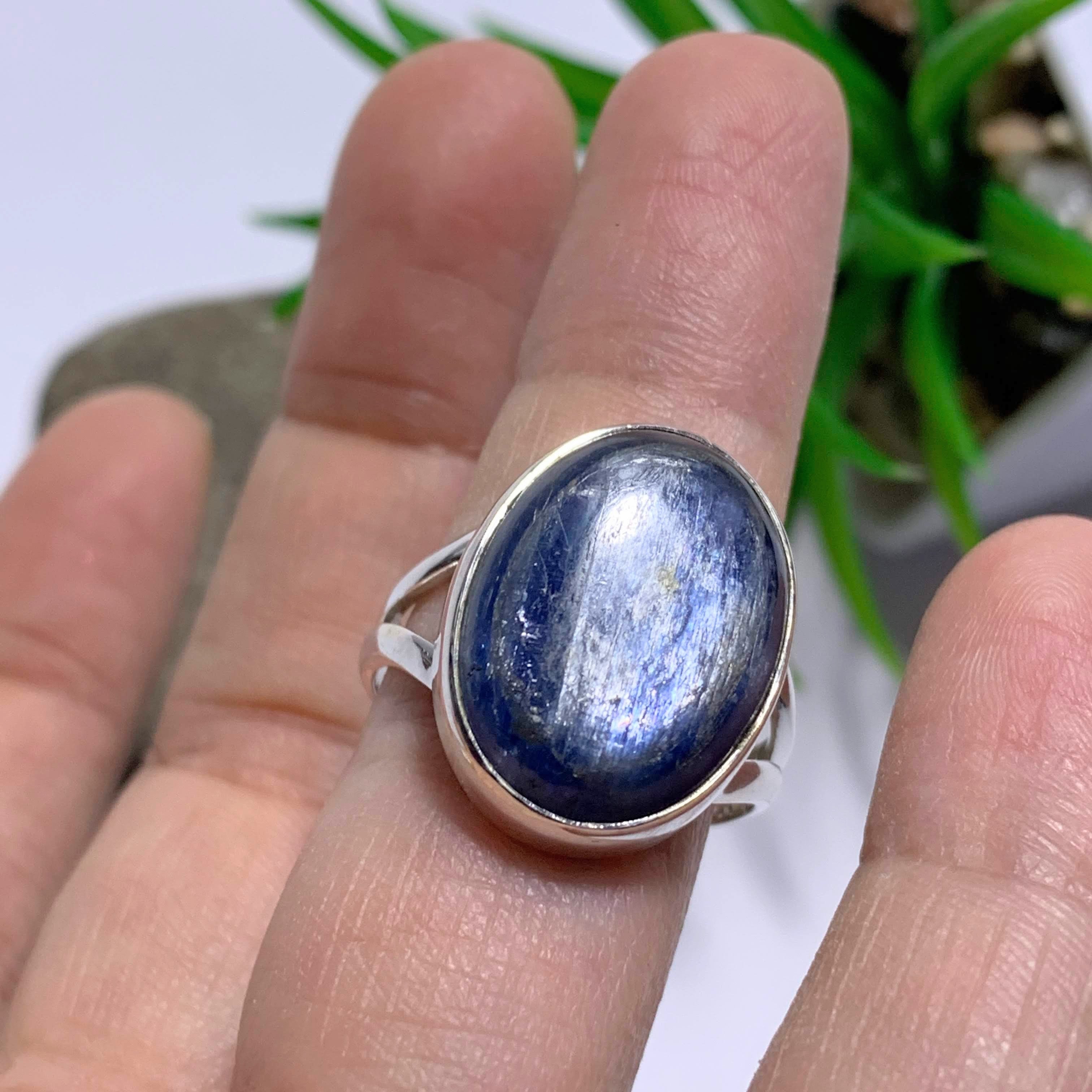 Dancing Silver Sheen Deep Blue Kyanite Sterling Silver Ring (Size 10) - Earth Family Crystals