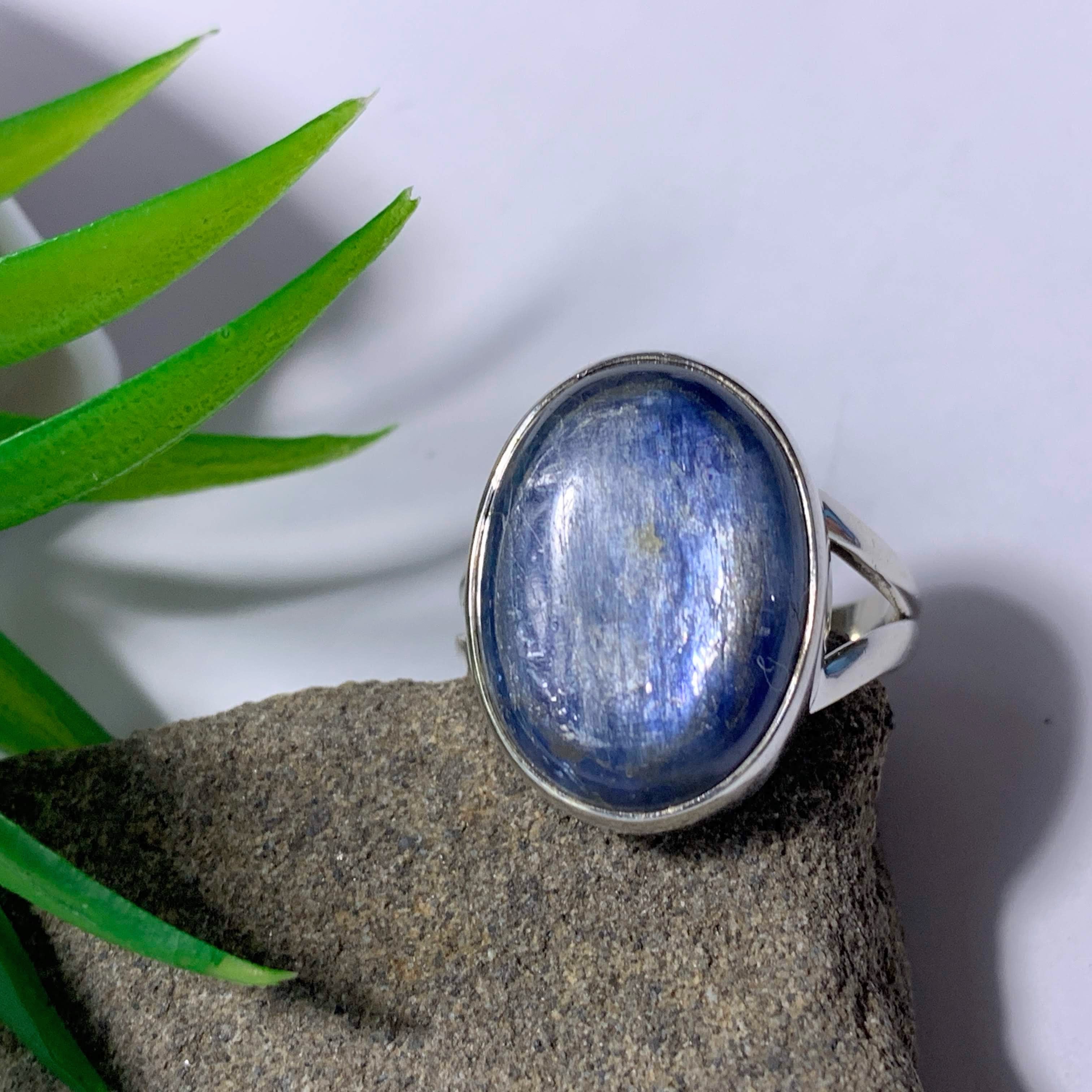 Dancing Silver Sheen Deep Blue Kyanite Sterling Silver Ring (Size 10) - Earth Family Crystals