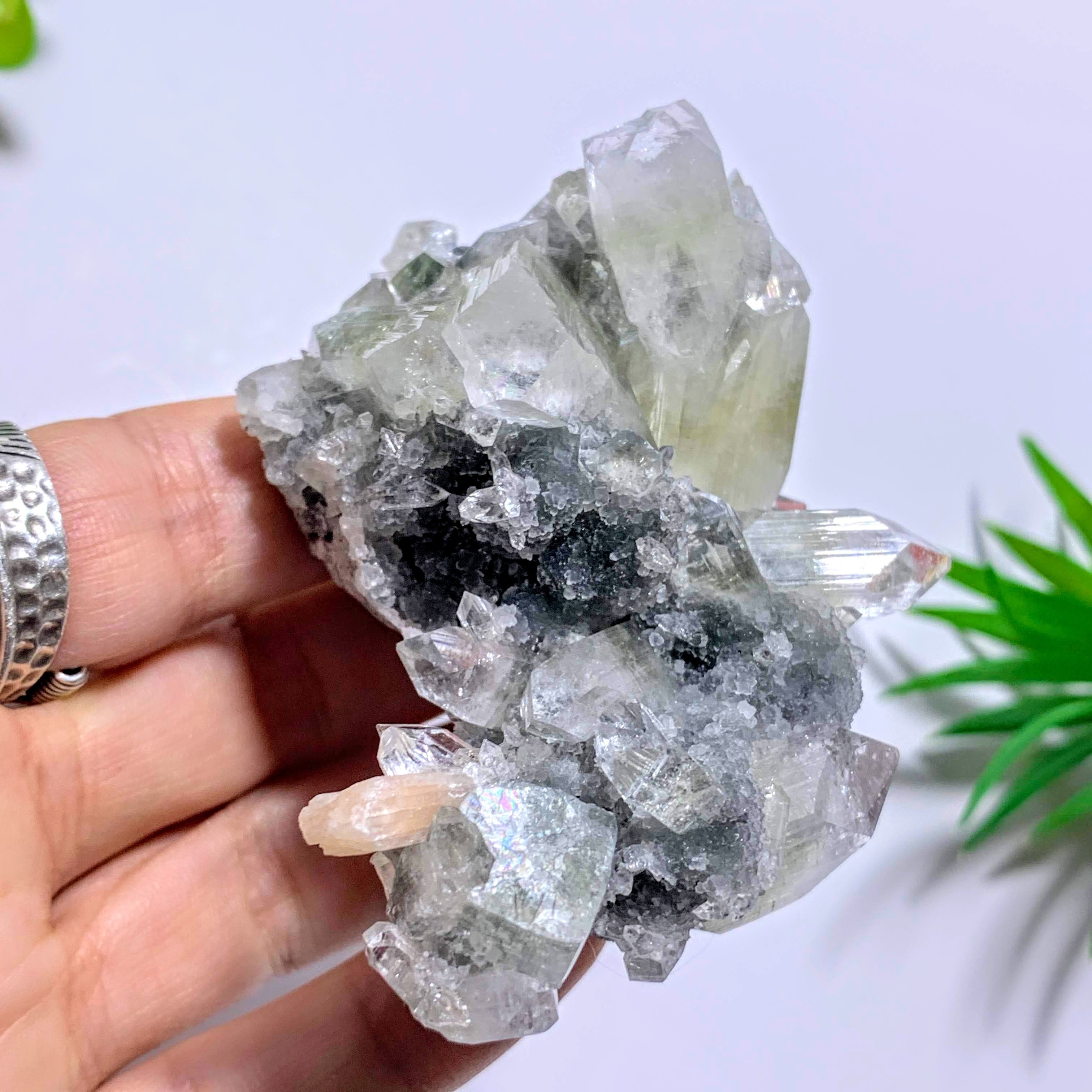 Clear & Green Apophyllite Cluster With Pink Stilbite Inclusions From India - Earth Family Crystals