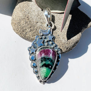Celestial Moon & Stars Ruby Zoisite Gemstone Pendant in Oxidized Sterling Silver (Includes Silver Chain) #1 - Earth Family Crystals