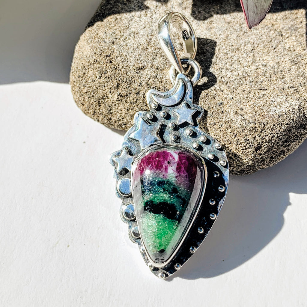 Celestial Moon & Stars Ruby Zoisite Gemstone Pendant in Oxidized Sterling Silver (Includes Silver Chain) #1 - Earth Family Crystals