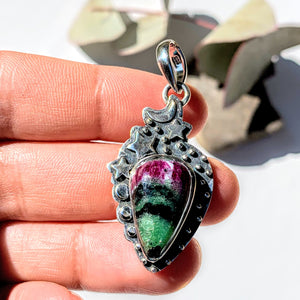 Celestial Moon & Stars Ruby Zoisite Gemstone Pendant in Oxidized Sterling Silver (Includes Silver Chain) #1 - Earth Family Crystals